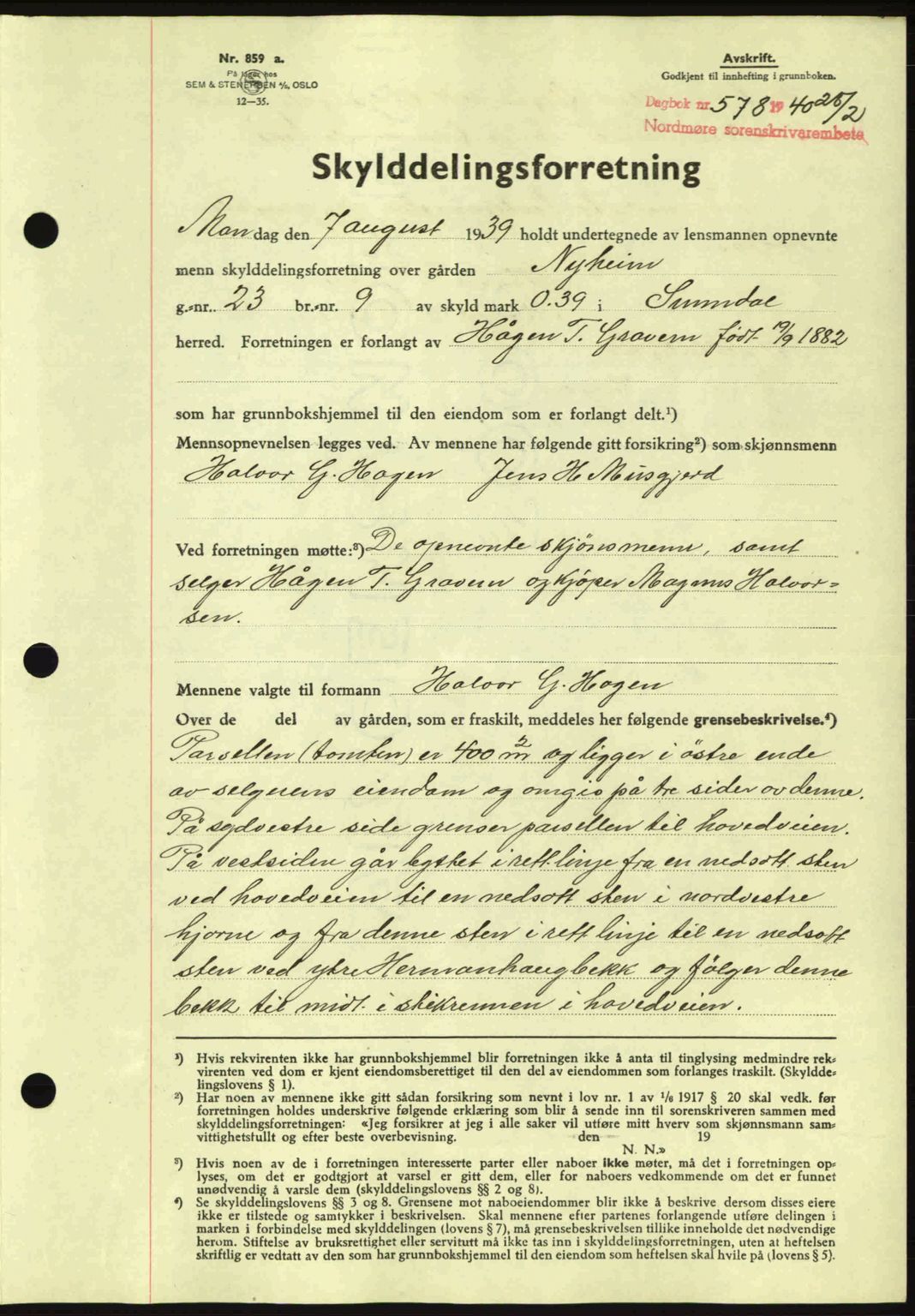 Nordmøre sorenskriveri, AV/SAT-A-4132/1/2/2Ca: Mortgage book no. A88, 1940-1940, Diary no: : 578/1940