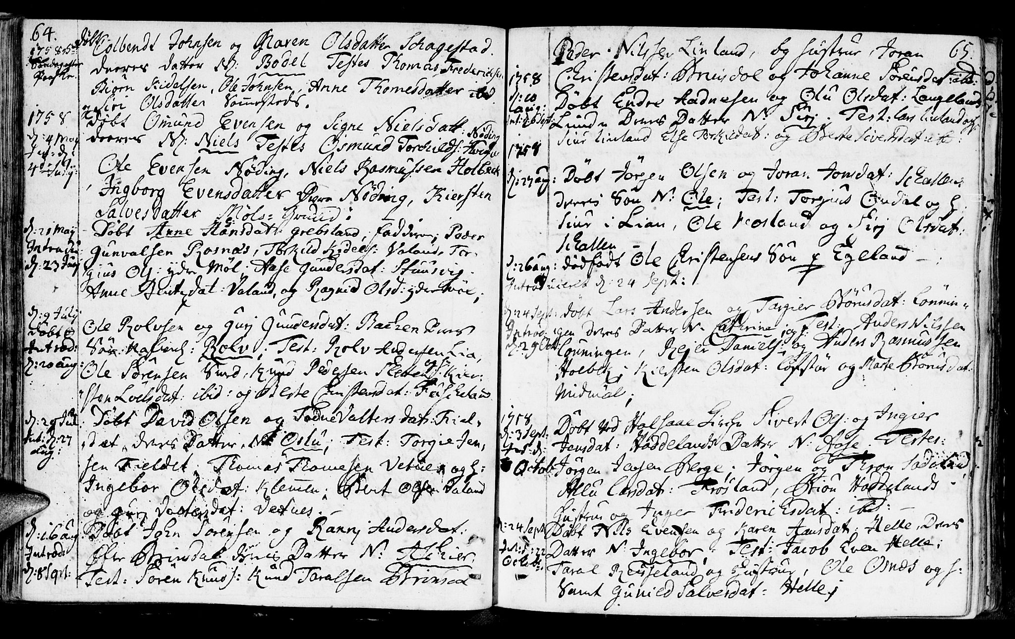 Holum sokneprestkontor, AV/SAK-1111-0022/F/Fa/Faa/L0002: Parish register (official) no. A 2, 1756-1780, p. 64-65