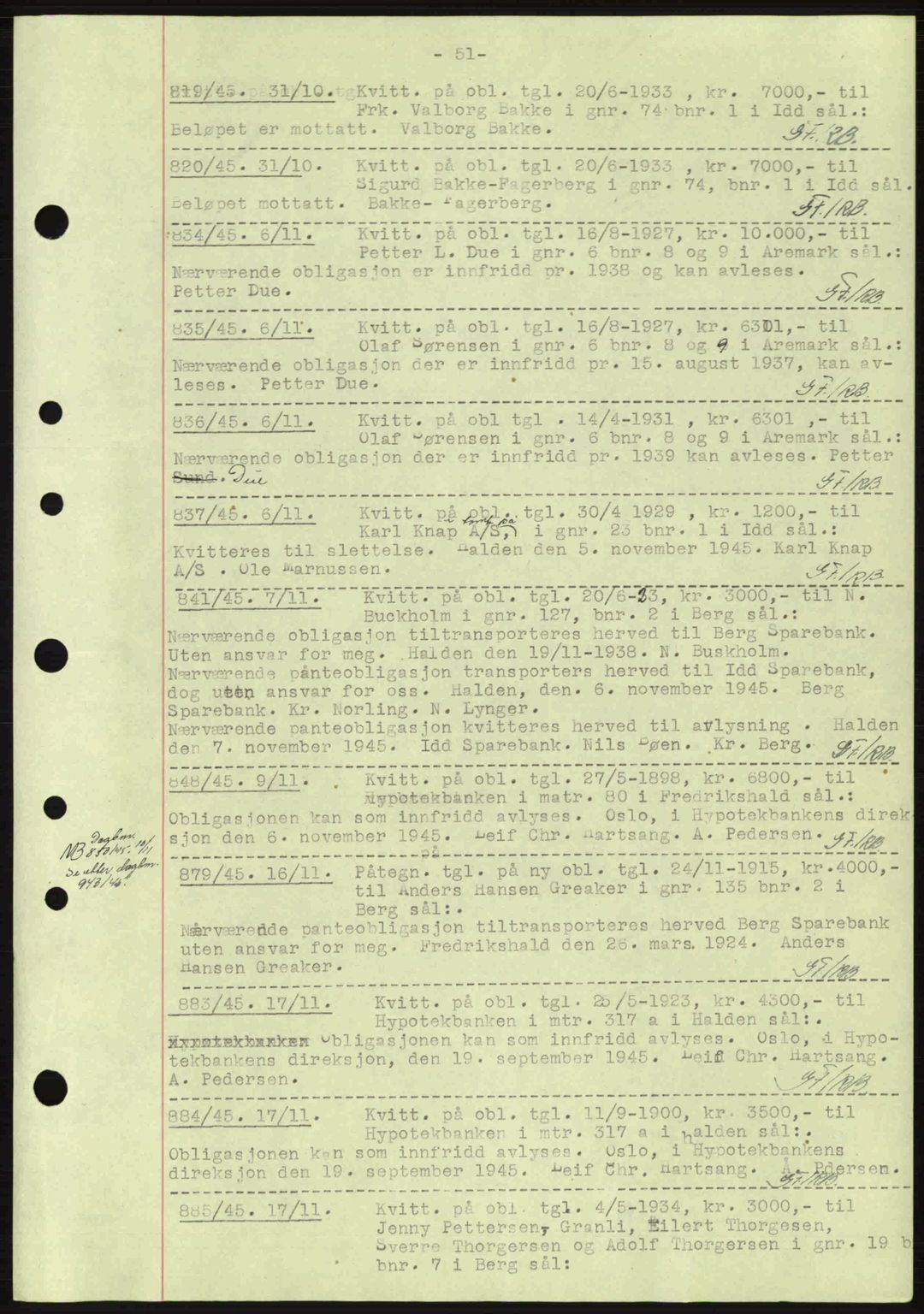 Idd og Marker sorenskriveri, AV/SAO-A-10283/G/Gb/Gbc/L0002: Mortgage book no. B4-9a, 1939-1945, Diary no: : 819/1945