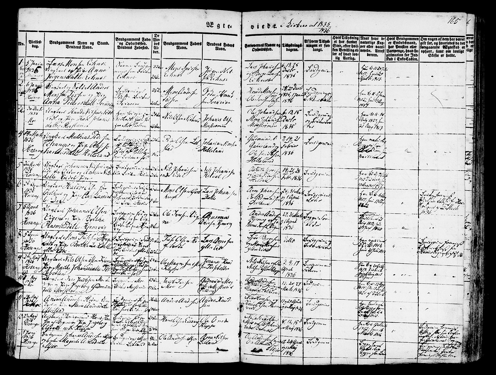 Hosanger sokneprestembete, SAB/A-75801/H/Haa: Parish register (official) no. A 7, 1835-1848, p. 165