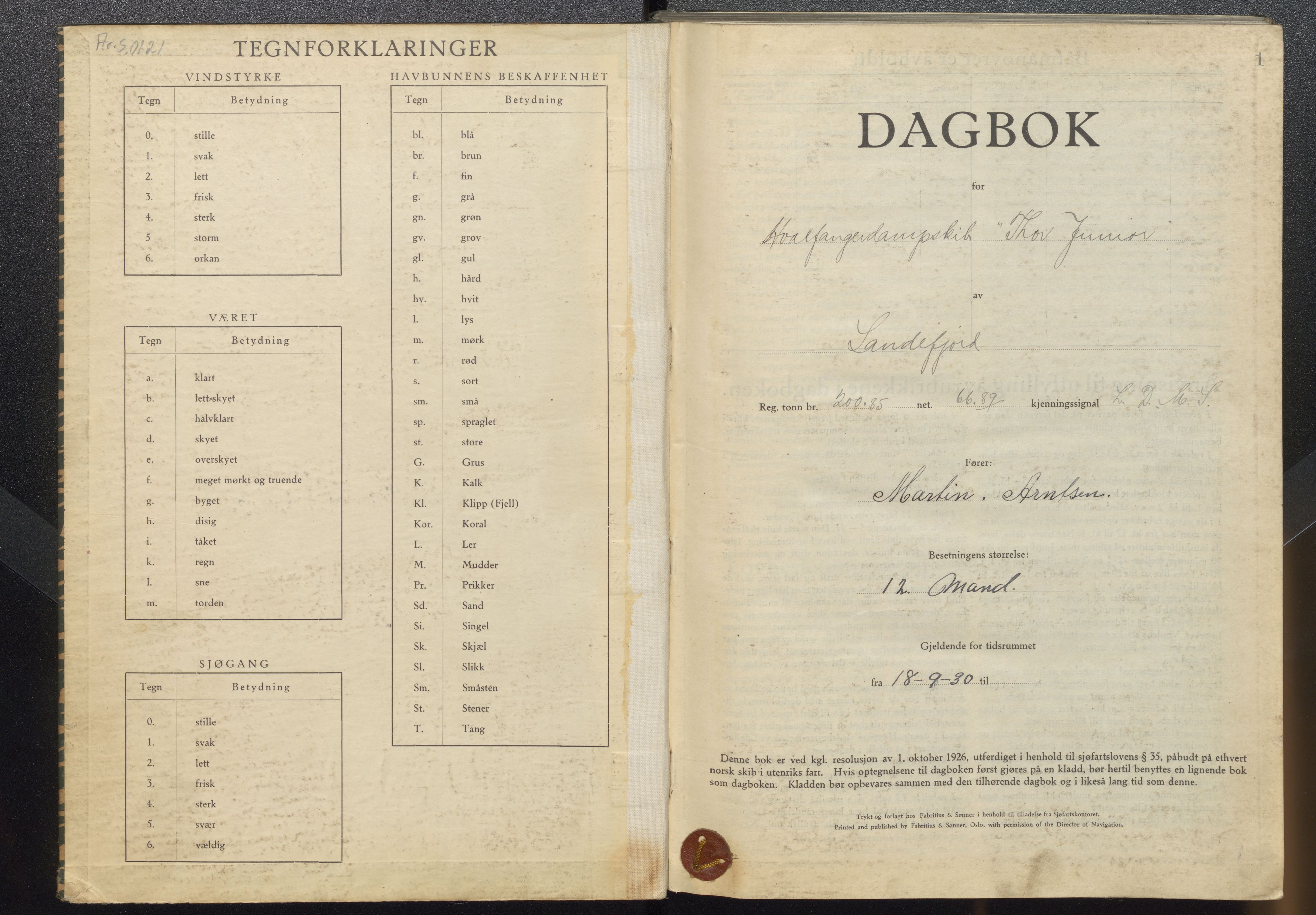 Skipsjournaler. Hvalfangstmuseet, VEMU/ARS-A-1030/F/L0146: Thor Junior, D/S, hvalfanger, Sandefjord, 1930-1931
