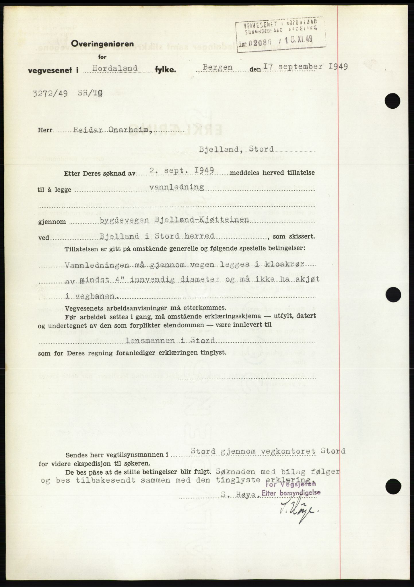 Sunnhordland sorenskrivar, AV/SAB-A-2401: Mortgage book no. B75-79, 1948-1950, Diary no: : 3148/1949