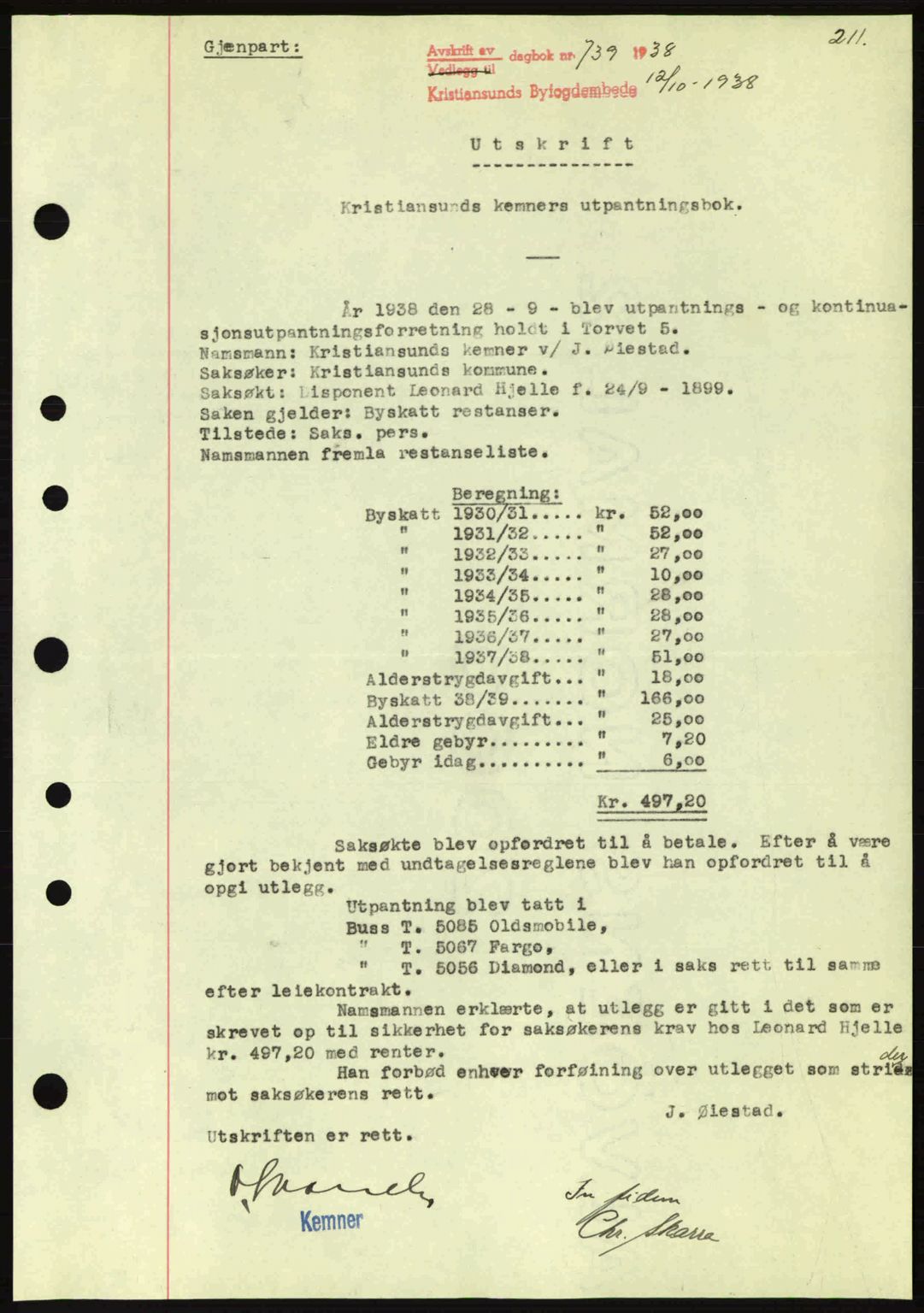 Kristiansund byfogd, AV/SAT-A-4587/A/27: Mortgage book no. 31, 1938-1939, Diary no: : 739/1938