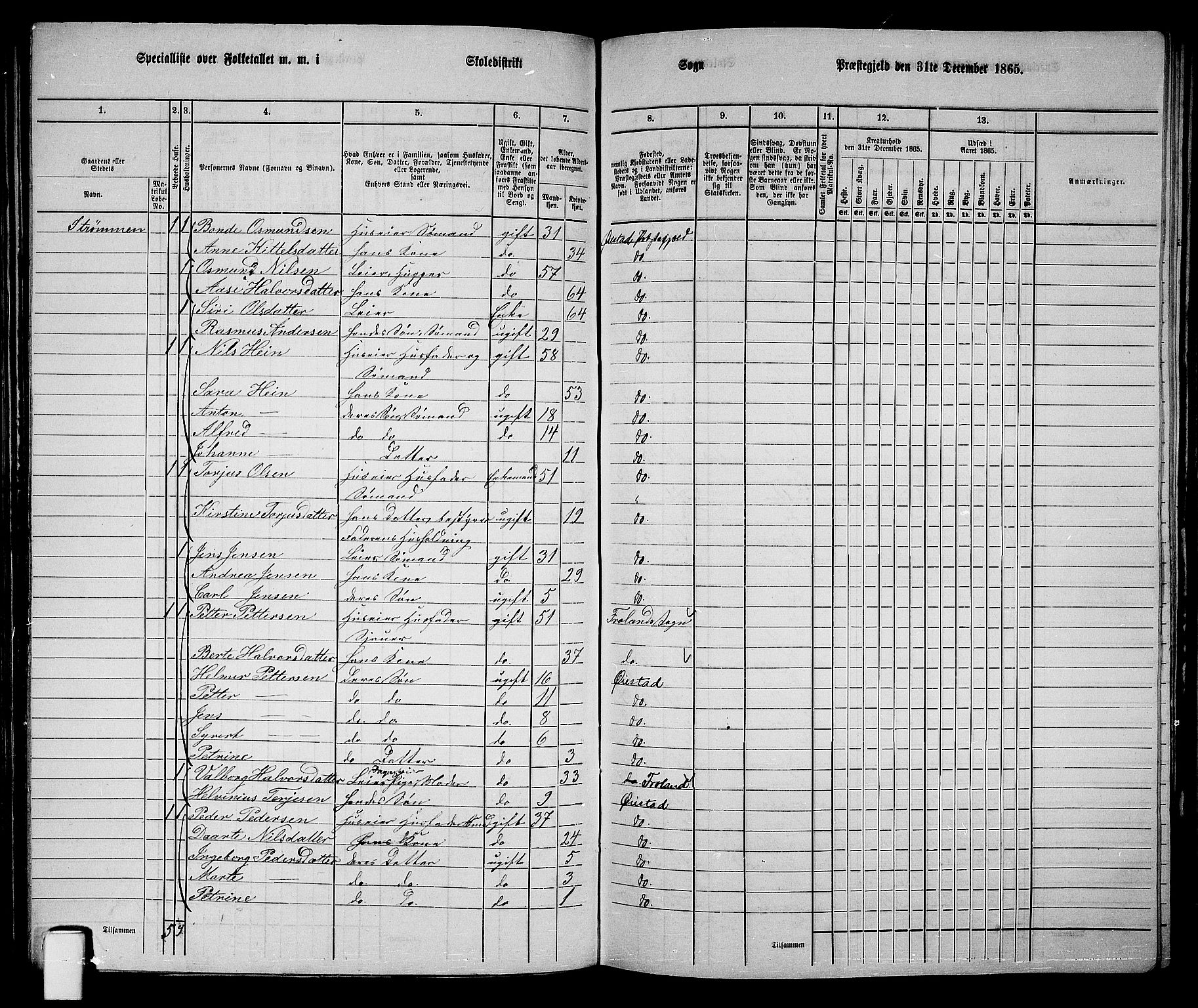 RA, 1865 census for Øyestad, 1865, p. 100