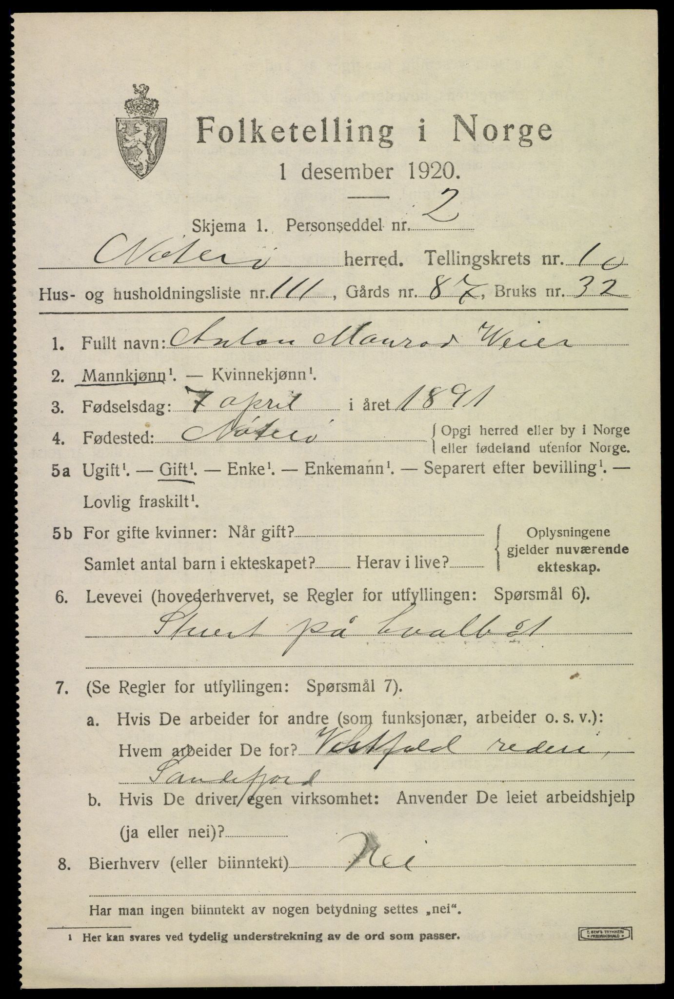 SAKO, 1920 census for Nøtterøy, 1920, p. 13505