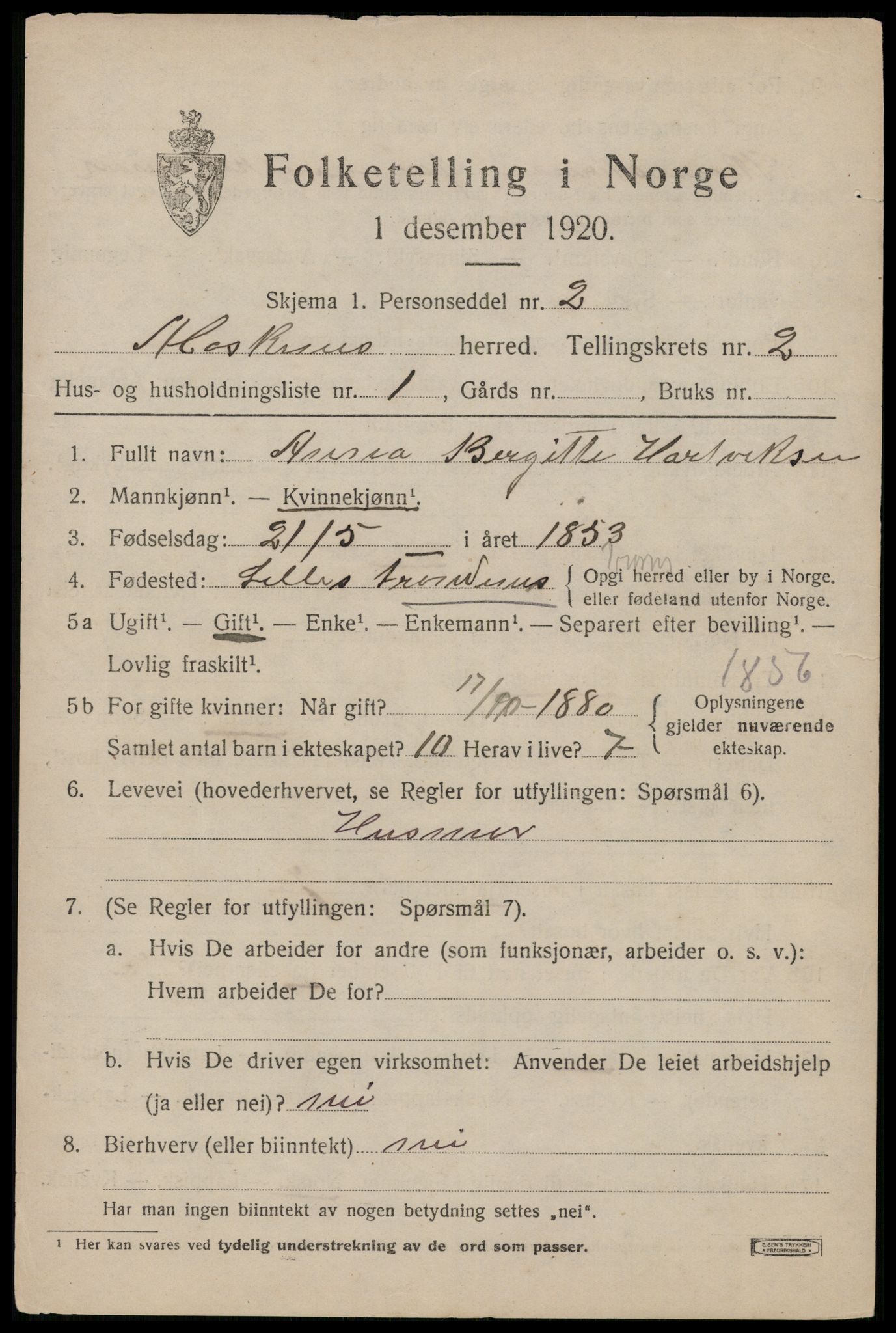 SAT, 1920 census for Moskenes, 1920, p. 1068