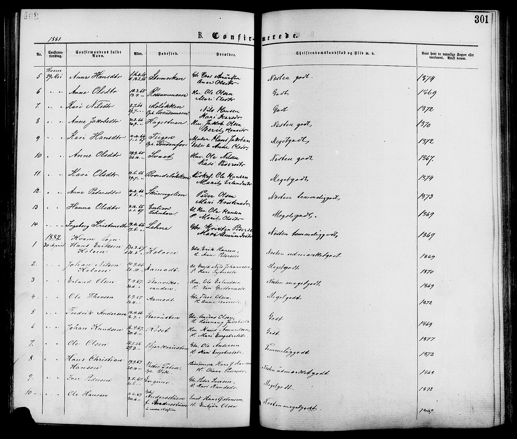 Nord-Fron prestekontor, AV/SAH-PREST-080/H/Ha/Haa/L0002: Parish register (official) no. 2, 1865-1883, p. 301