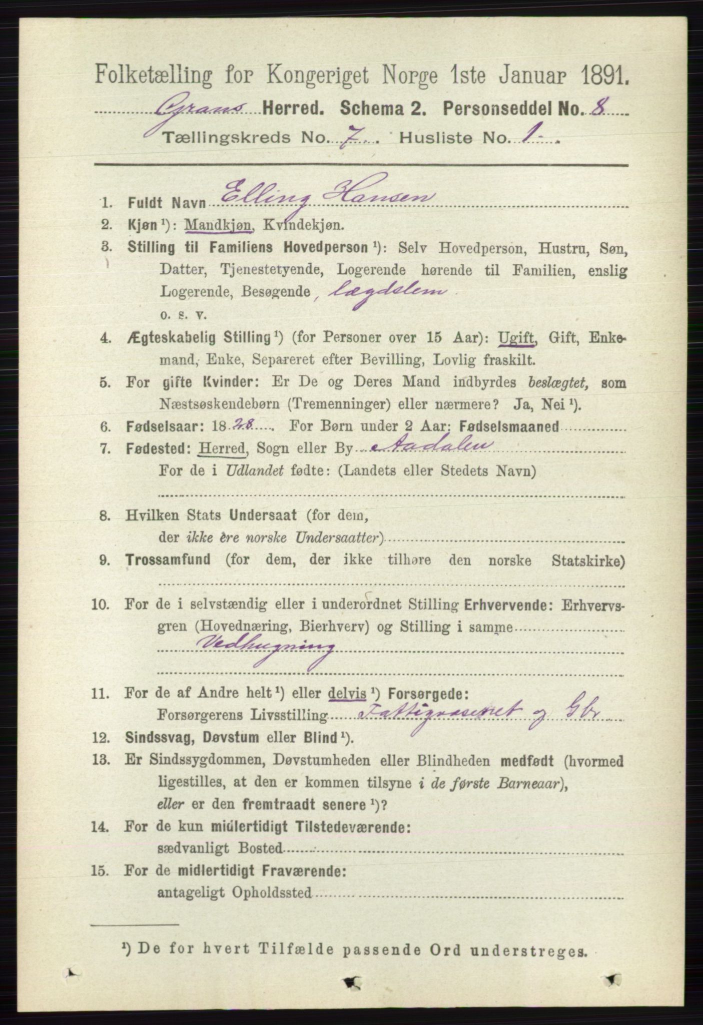 RA, 1891 census for 0534 Gran, 1891, p. 2803