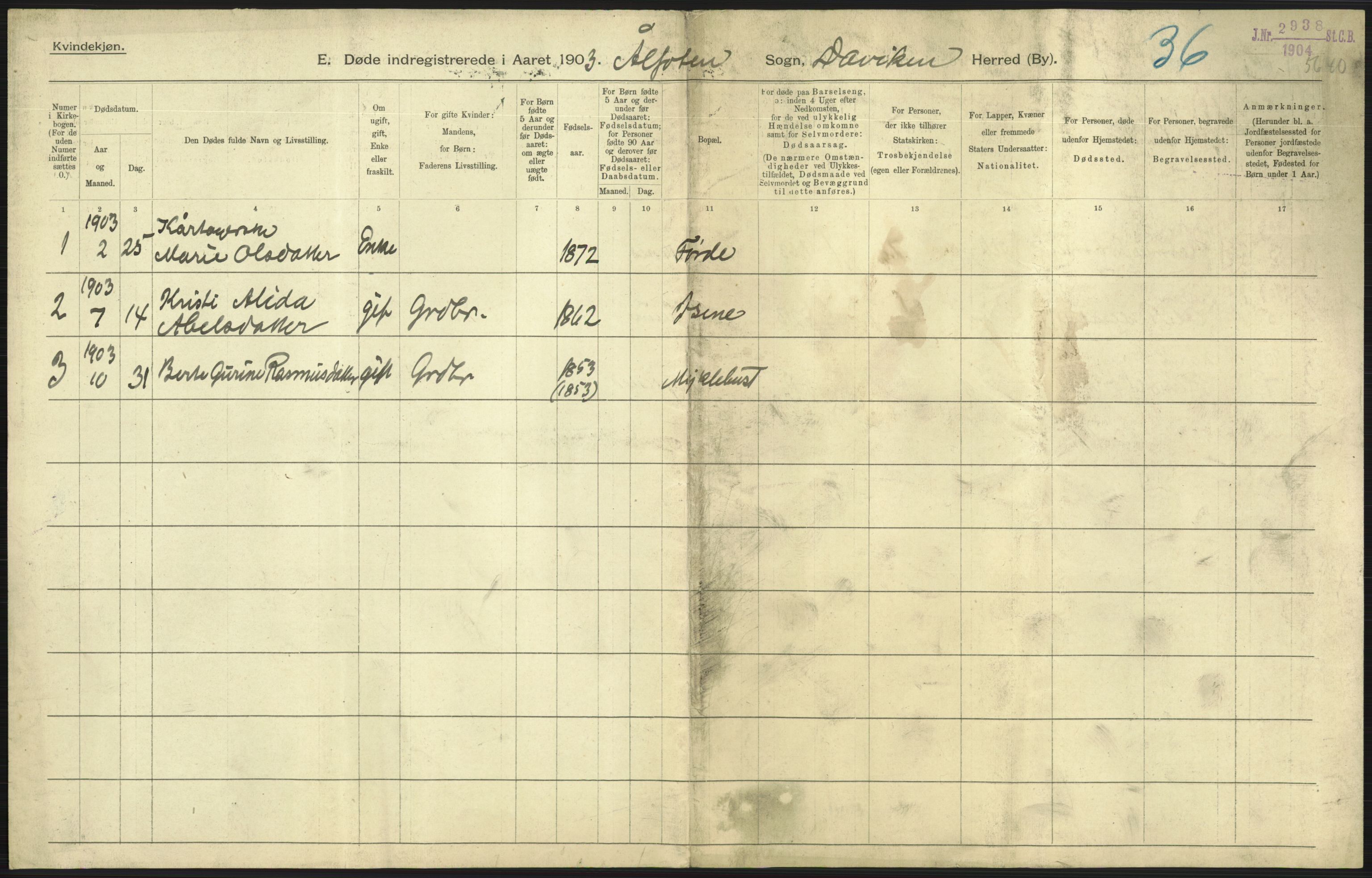 Statistisk sentralbyrå, Sosiodemografiske emner, Befolkning, RA/S-2228/D/Df/Dfa/Dfaa/L0015: Nordre Bergenhus: Fødte, gifte, døde. Bygder, 1903, p. 477