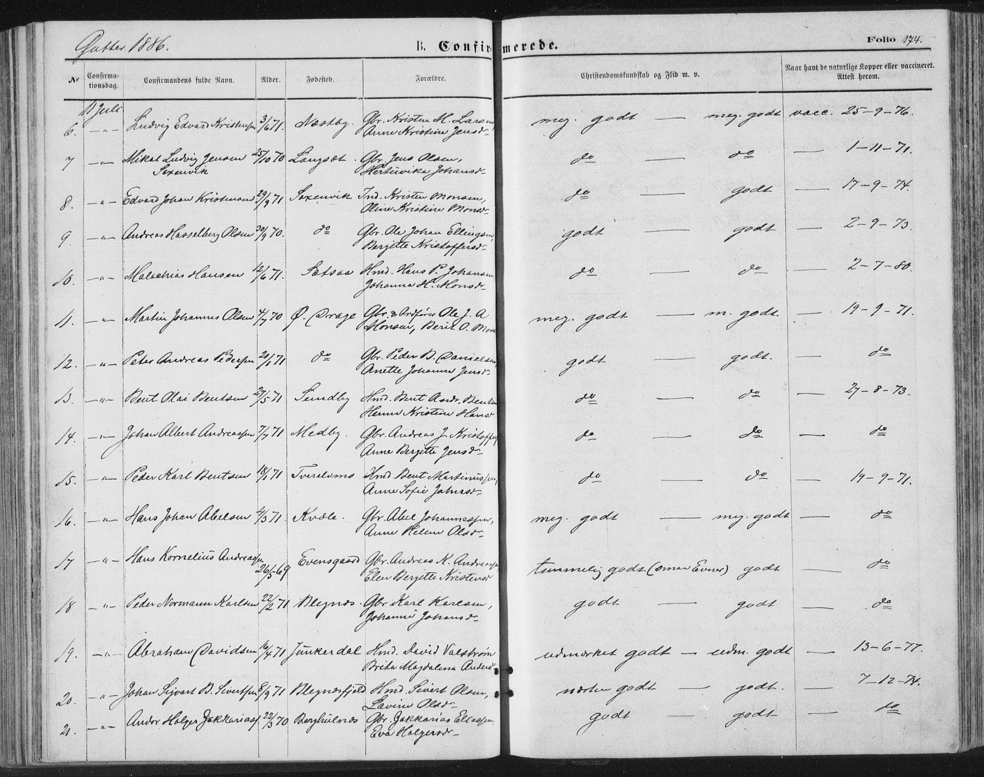 Ministerialprotokoller, klokkerbøker og fødselsregistre - Nordland, AV/SAT-A-1459/847/L0668: Parish register (official) no. 847A08, 1872-1886, p. 174