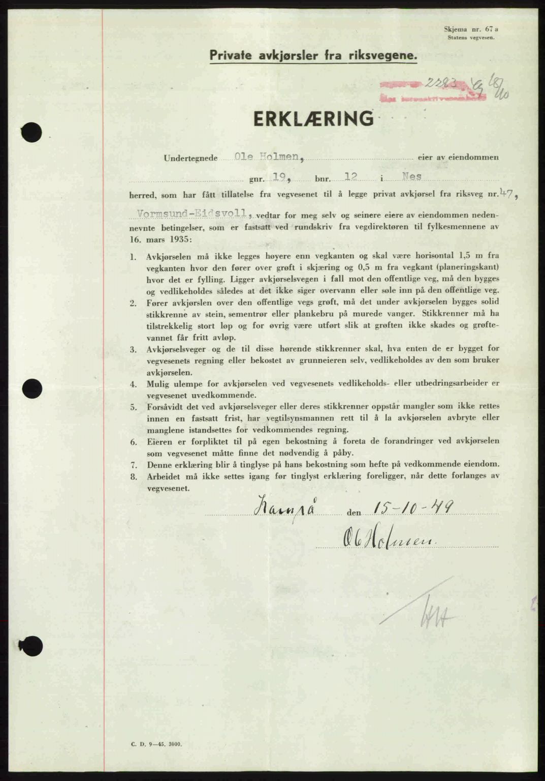 Nes tingrett, AV/SAO-A-10548/G/Gb/Gbb/L0031: Mortgage book no. 75, 1949-1949, Diary no: : 2283/1949