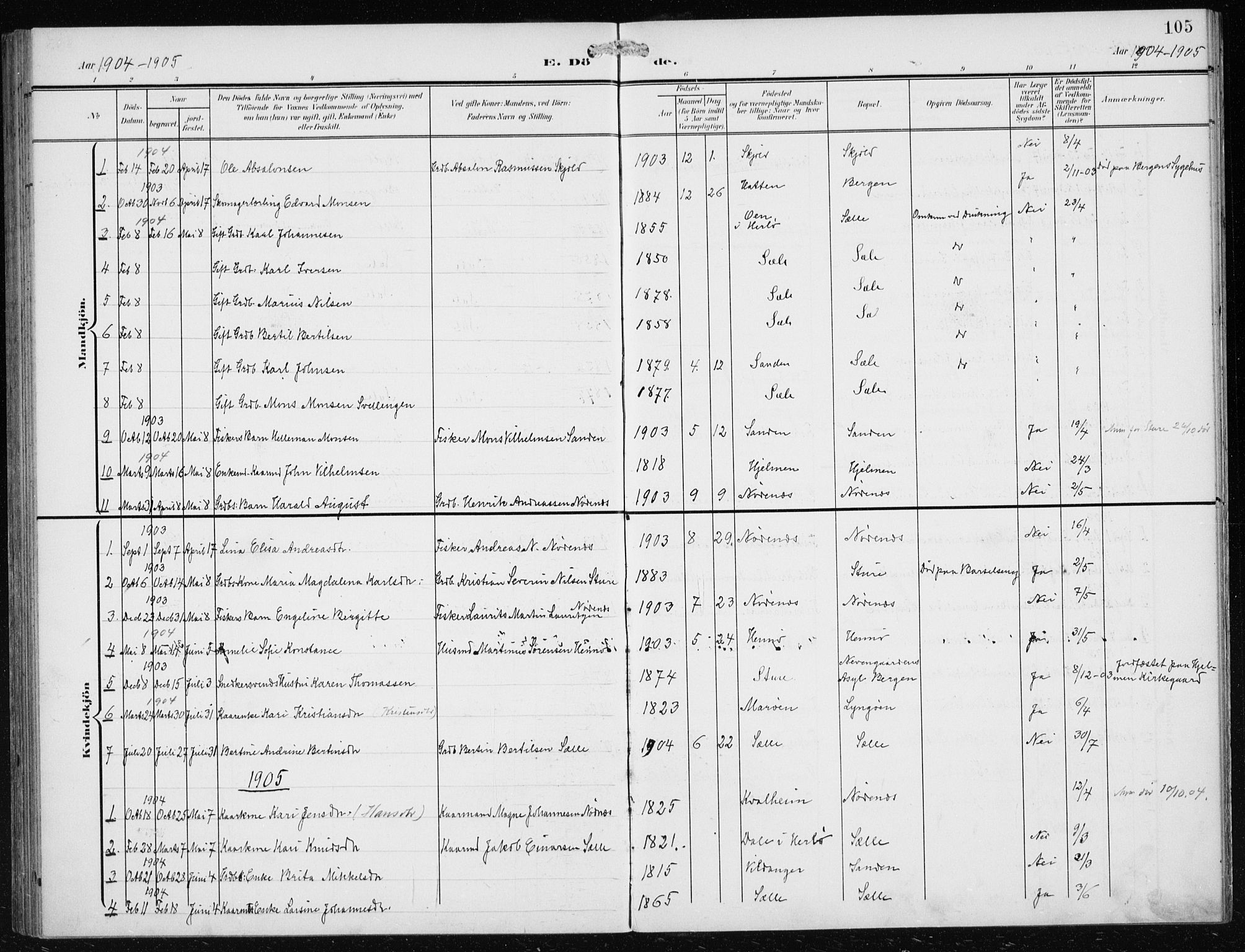 Herdla Sokneprestembete, AV/SAB-A-75701/H/Haa: Parish register (official) no. B 1, 1902-1921, p. 105