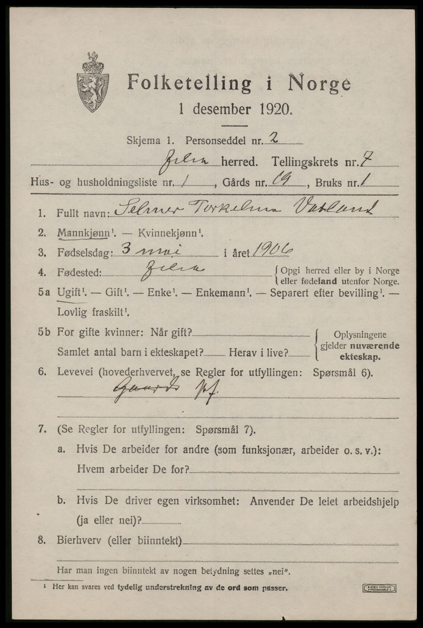 SAST, 1920 census for Jelsa, 1920, p. 1890