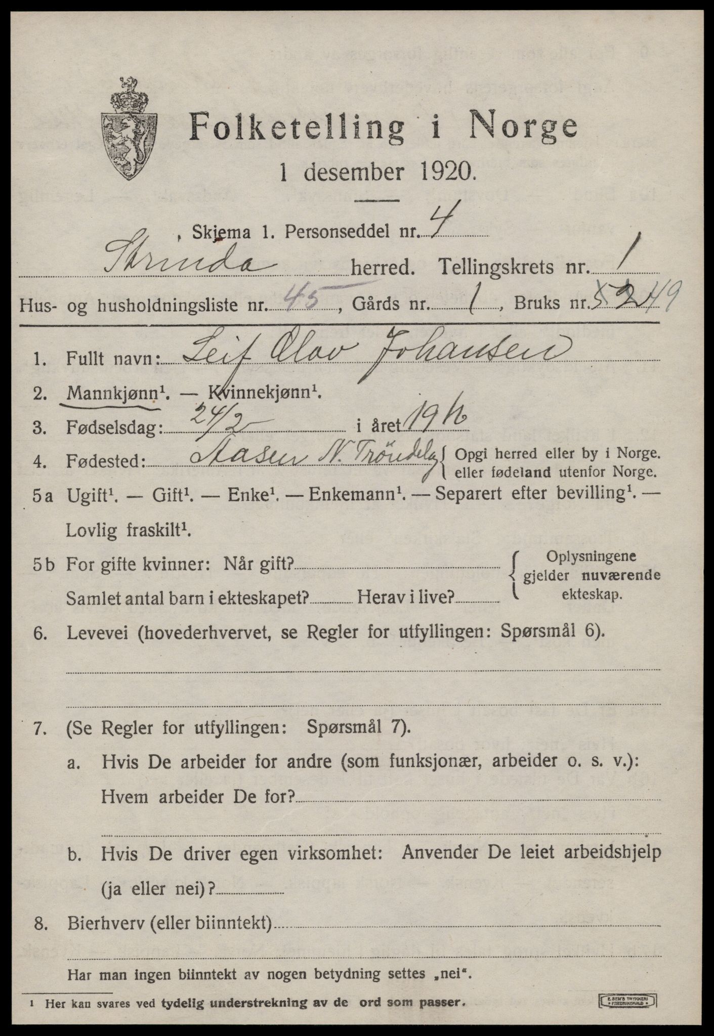 SAT, 1920 census for Strinda, 1920, p. 4298