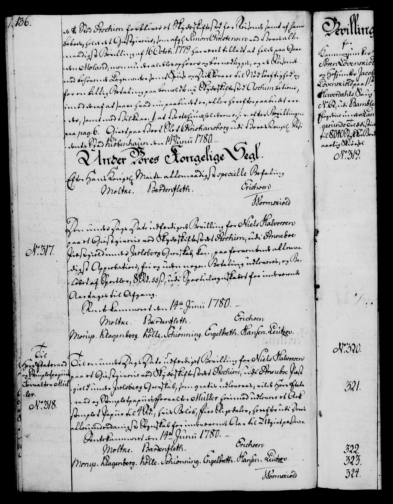 Rentekammeret, Kammerkanselliet, AV/RA-EA-3111/G/Gg/Gga/L0011: Norsk ekspedisjonsprotokoll med register (merket RK 53.11), 1779-1781, p. 136