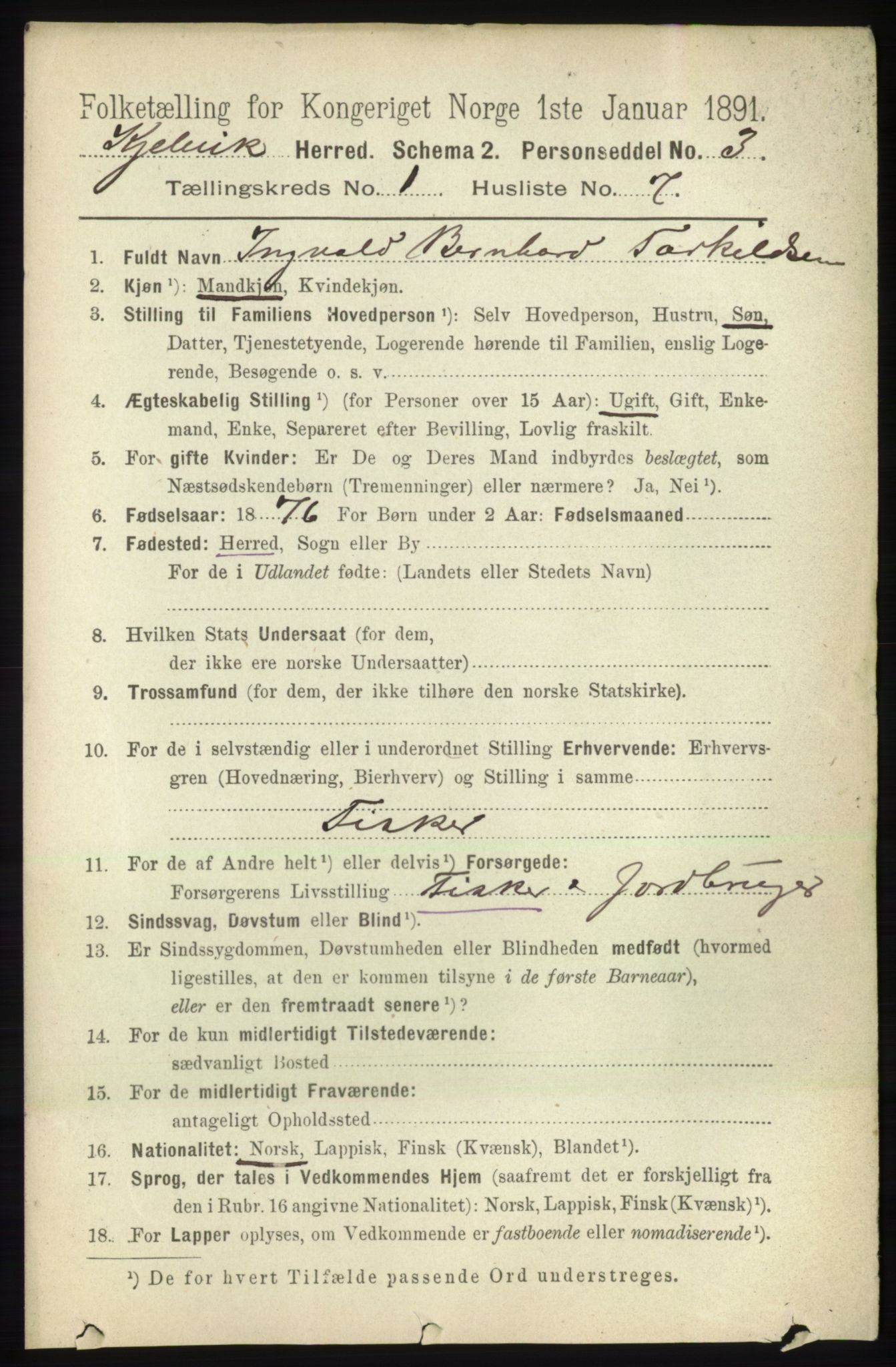 RA, 1891 census for 2019 Kjelvik, 1891, p. 71