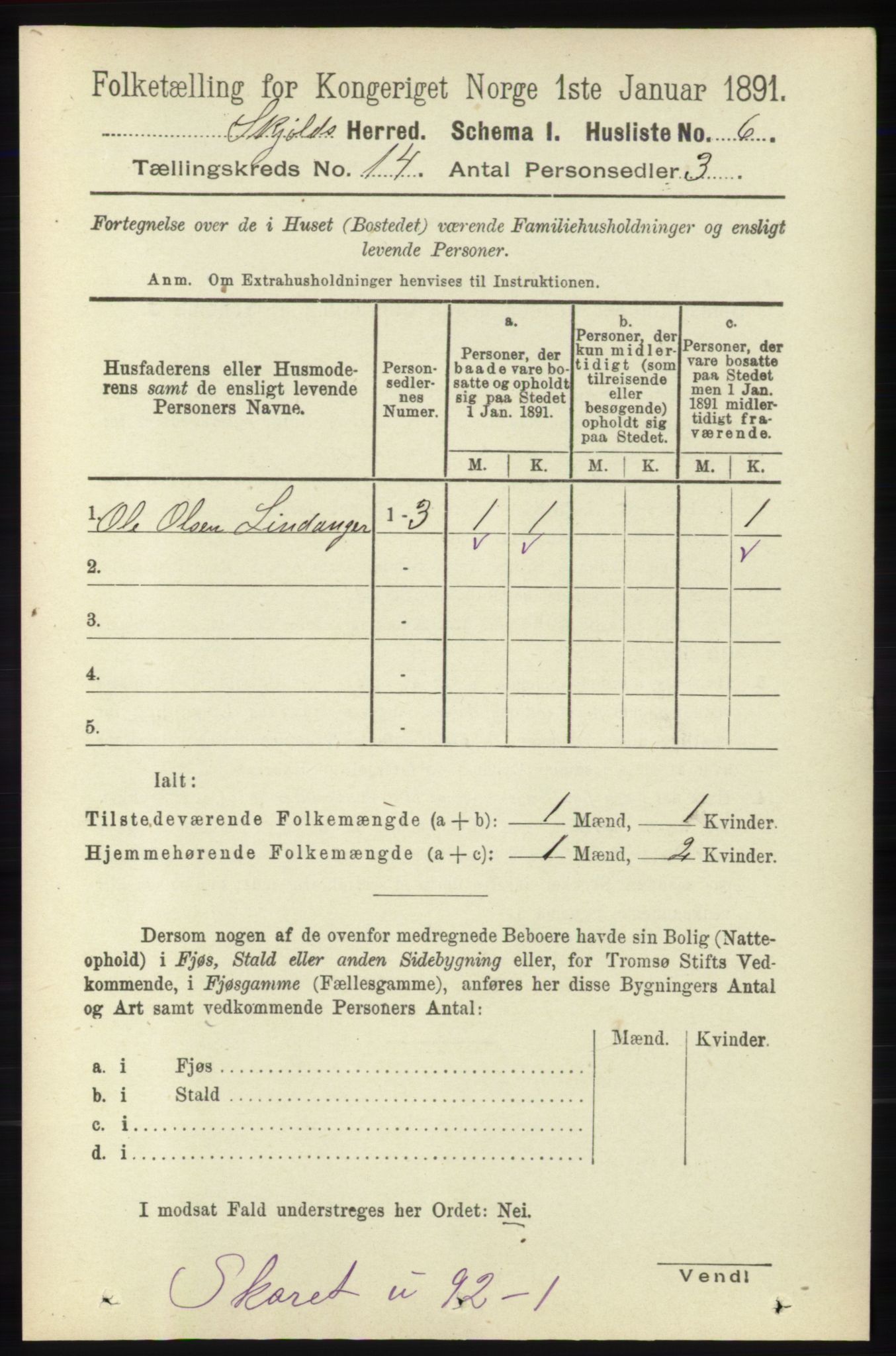 RA, 1891 census for 1154 Skjold, 1891, p. 2534