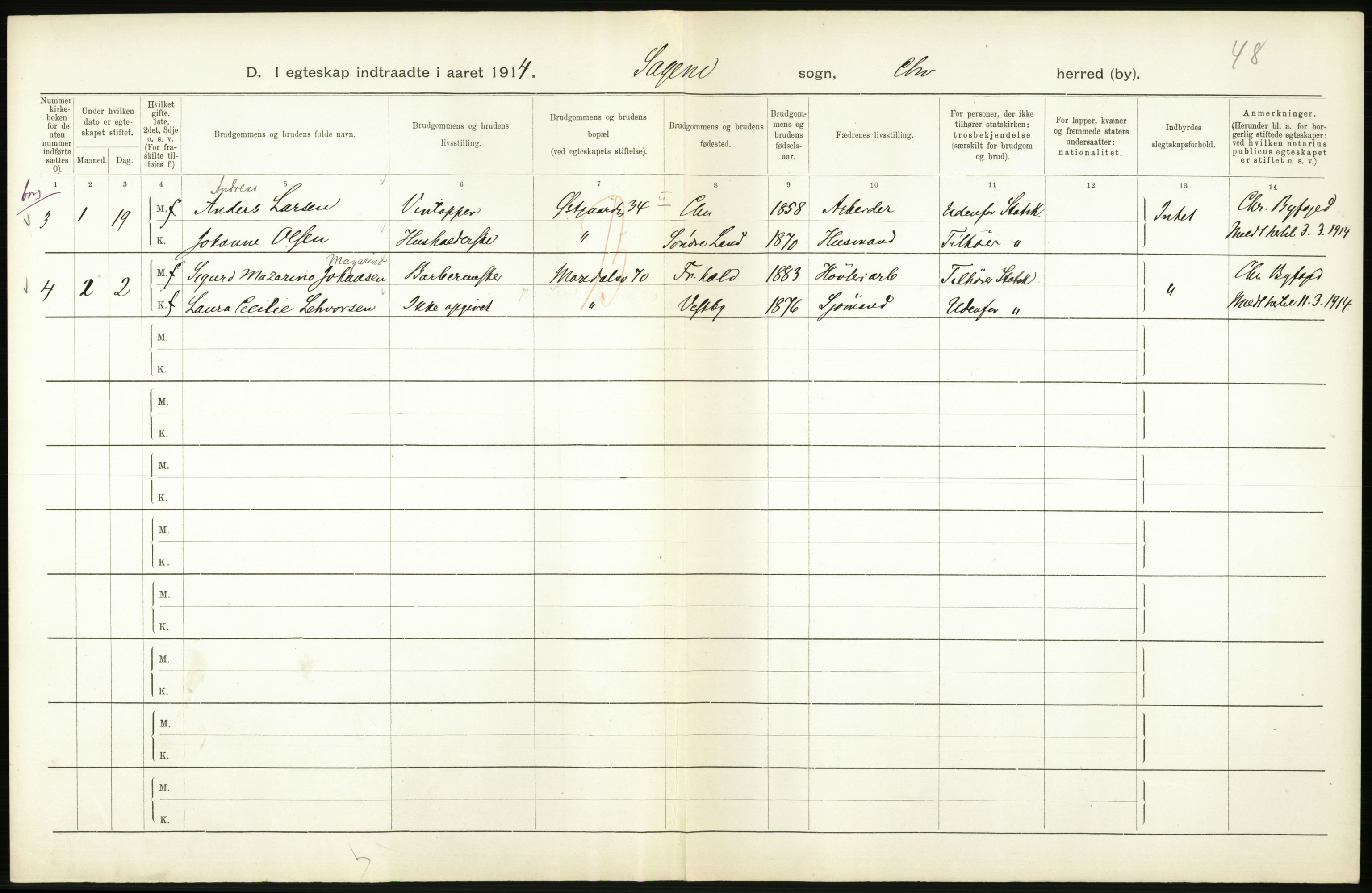 Statistisk sentralbyrå, Sosiodemografiske emner, Befolkning, AV/RA-S-2228/D/Df/Dfb/Dfbd/L0007: Kristiania: Gifte, 1914, p. 178