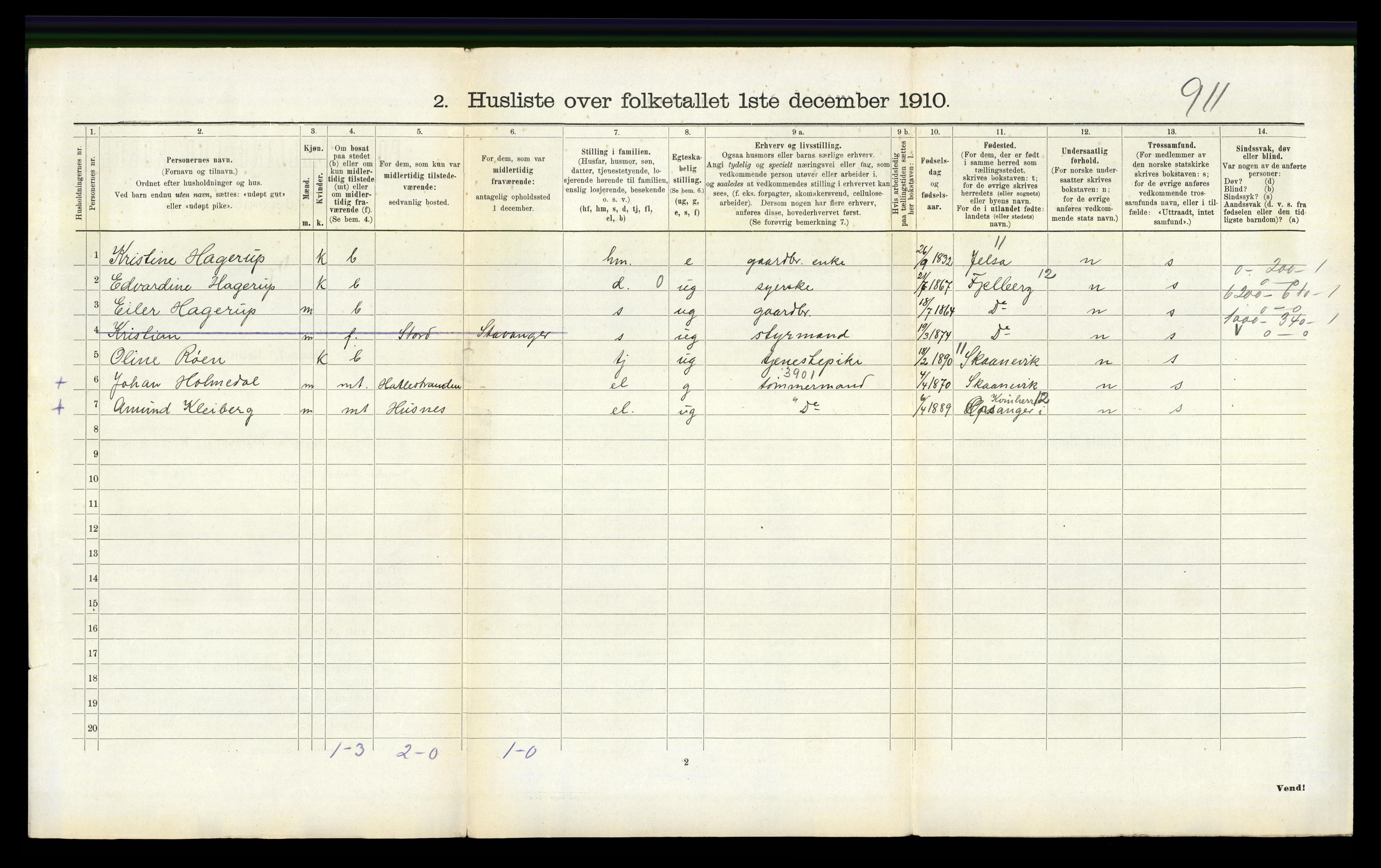 RA, 1910 census for Stord, 1910, p. 212