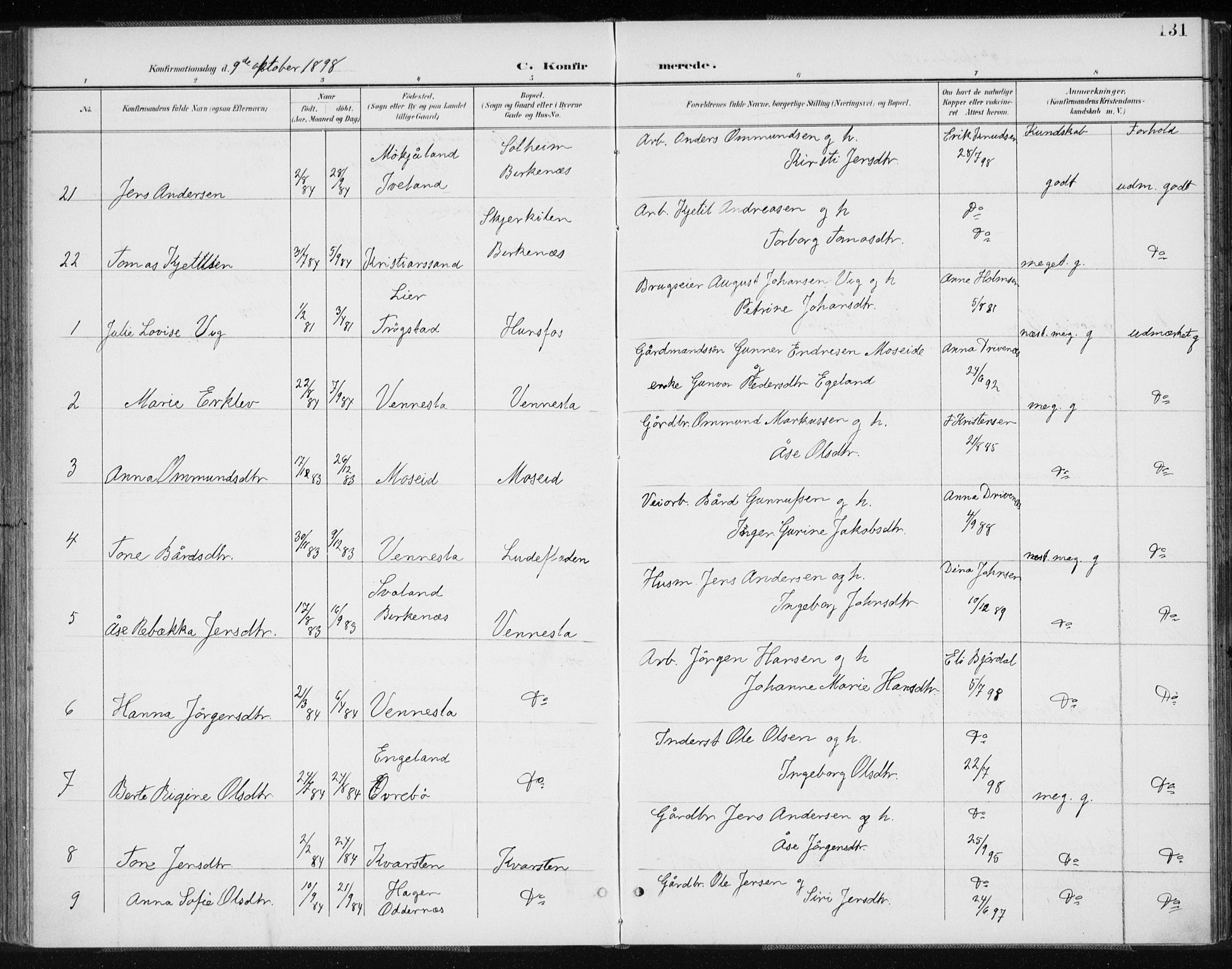 Vennesla sokneprestkontor, AV/SAK-1111-0045/Fa/Fab/L0005: Parish register (official) no. A 5, 1897-1909, p. 131