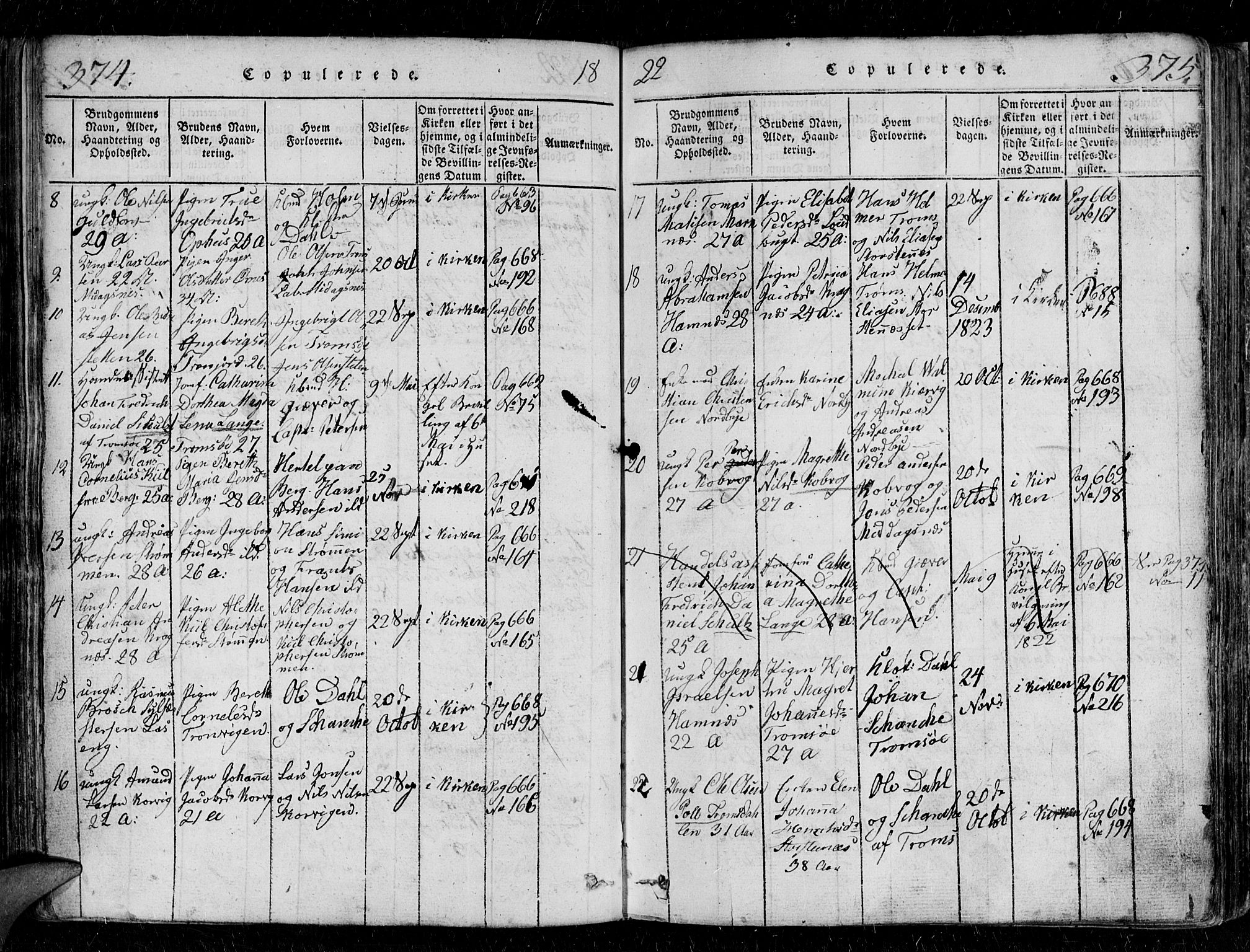 Tromsø sokneprestkontor/stiftsprosti/domprosti, SATØ/S-1343/G/Gb/L0001klokker: Parish register (copy) no. 1, 1821-1833, p. 374-375