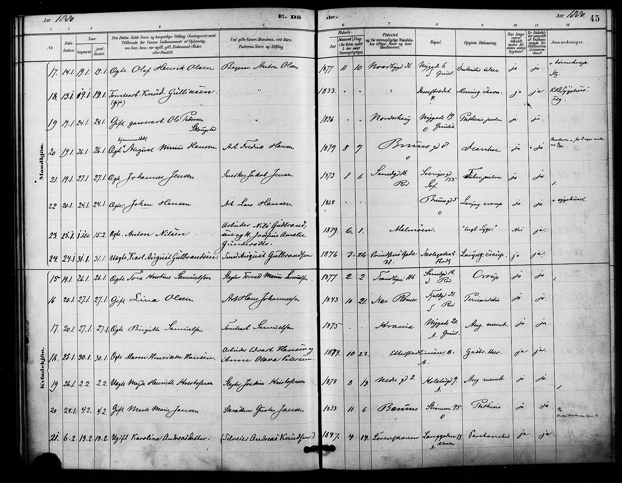 Østre Aker prestekontor Kirkebøker, AV/SAO-A-10840/F/Fa/L0006: Parish register (official) no. I 6, 1879-1882, p. 45