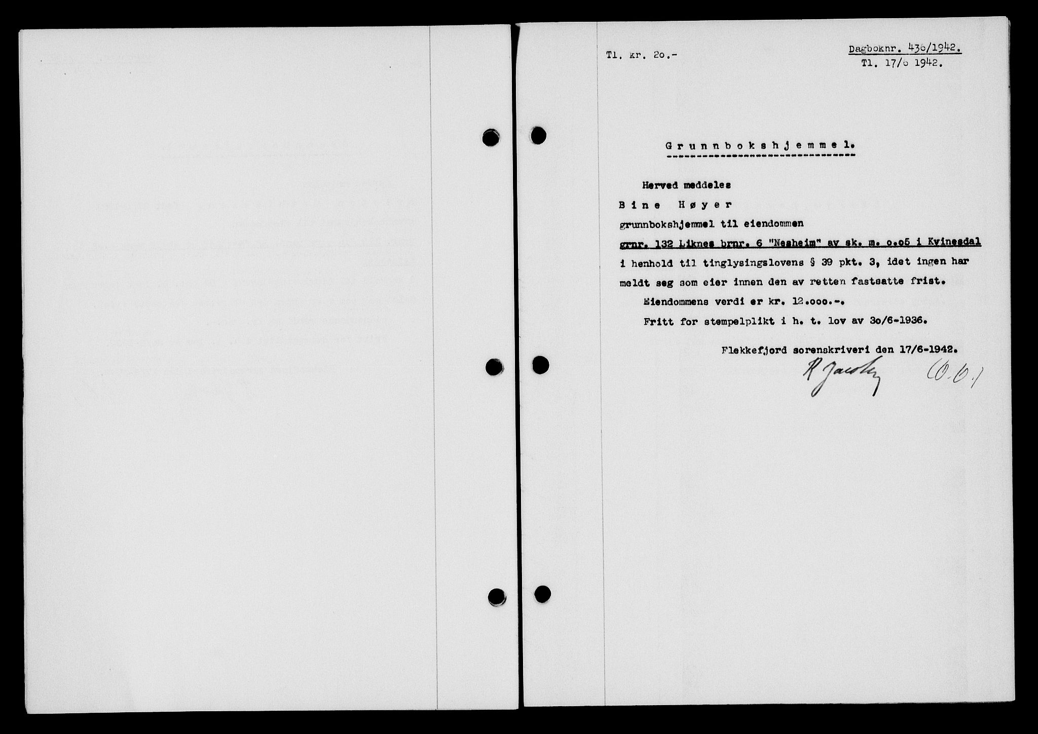 Flekkefjord sorenskriveri, SAK/1221-0001/G/Gb/Gba/L0057: Mortgage book no. A-5, 1941-1942, Diary no: : 436/1942