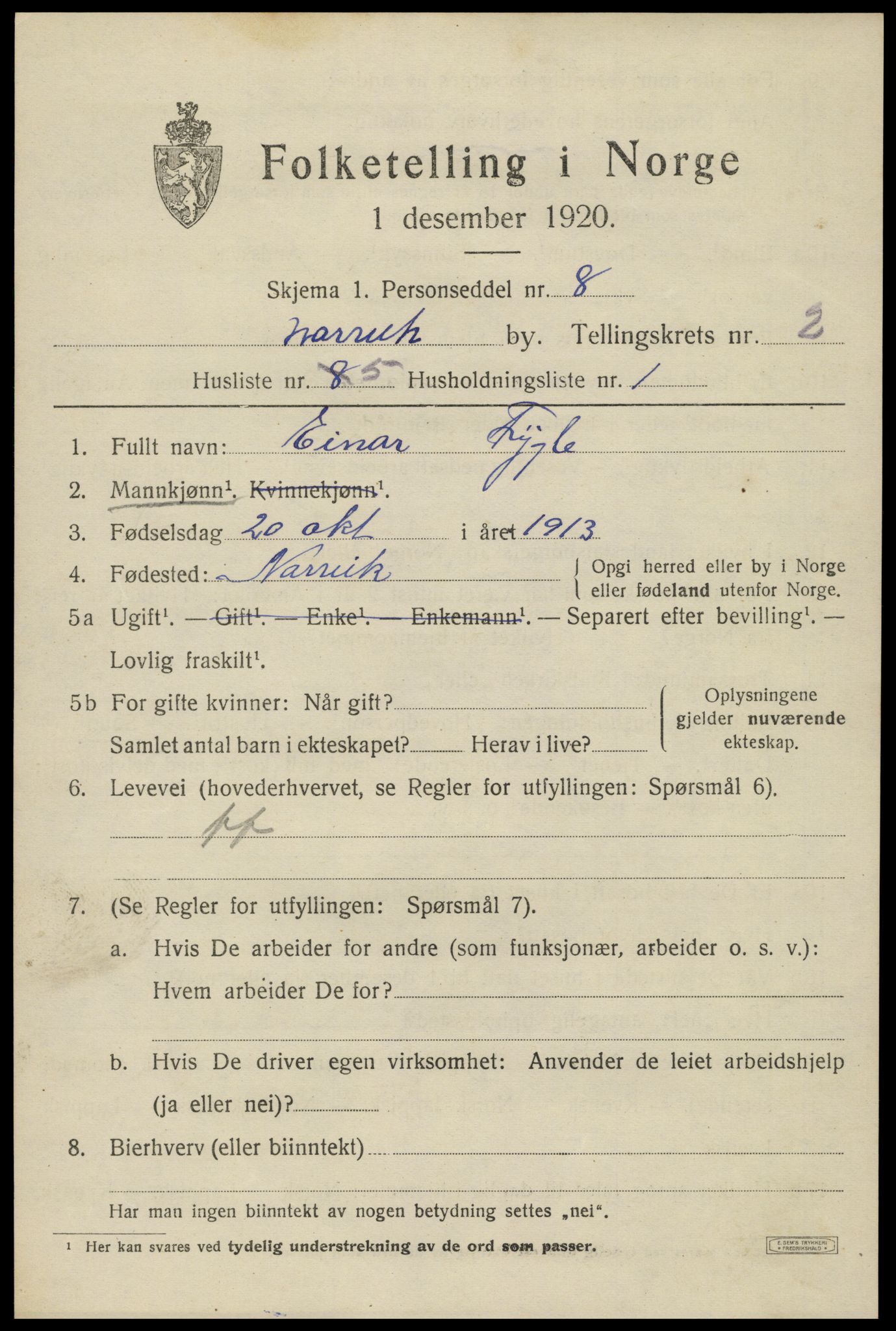 SAT, 1920 census for Narvik, 1920, p. 8104