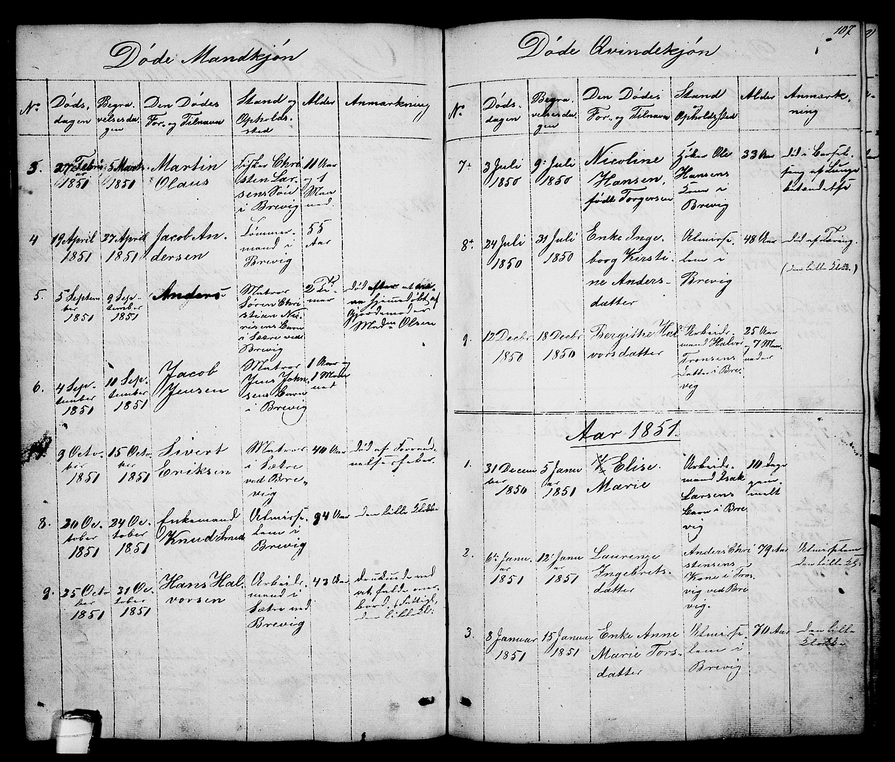 Brevik kirkebøker, SAKO/A-255/G/Ga/L0002: Parish register (copy) no. 2, 1846-1865, p. 107