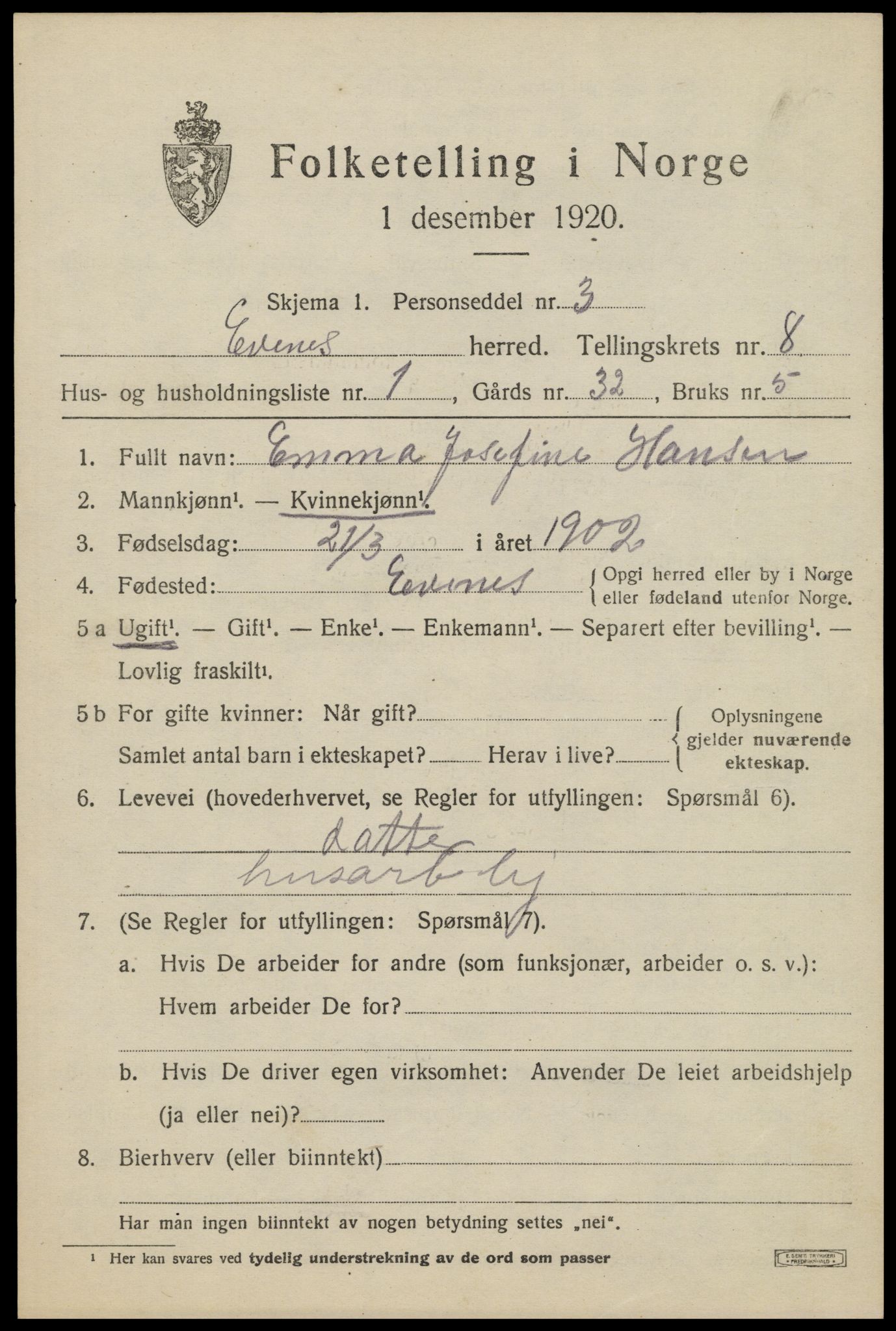 SAT, 1920 census for Evenes, 1920, p. 6534