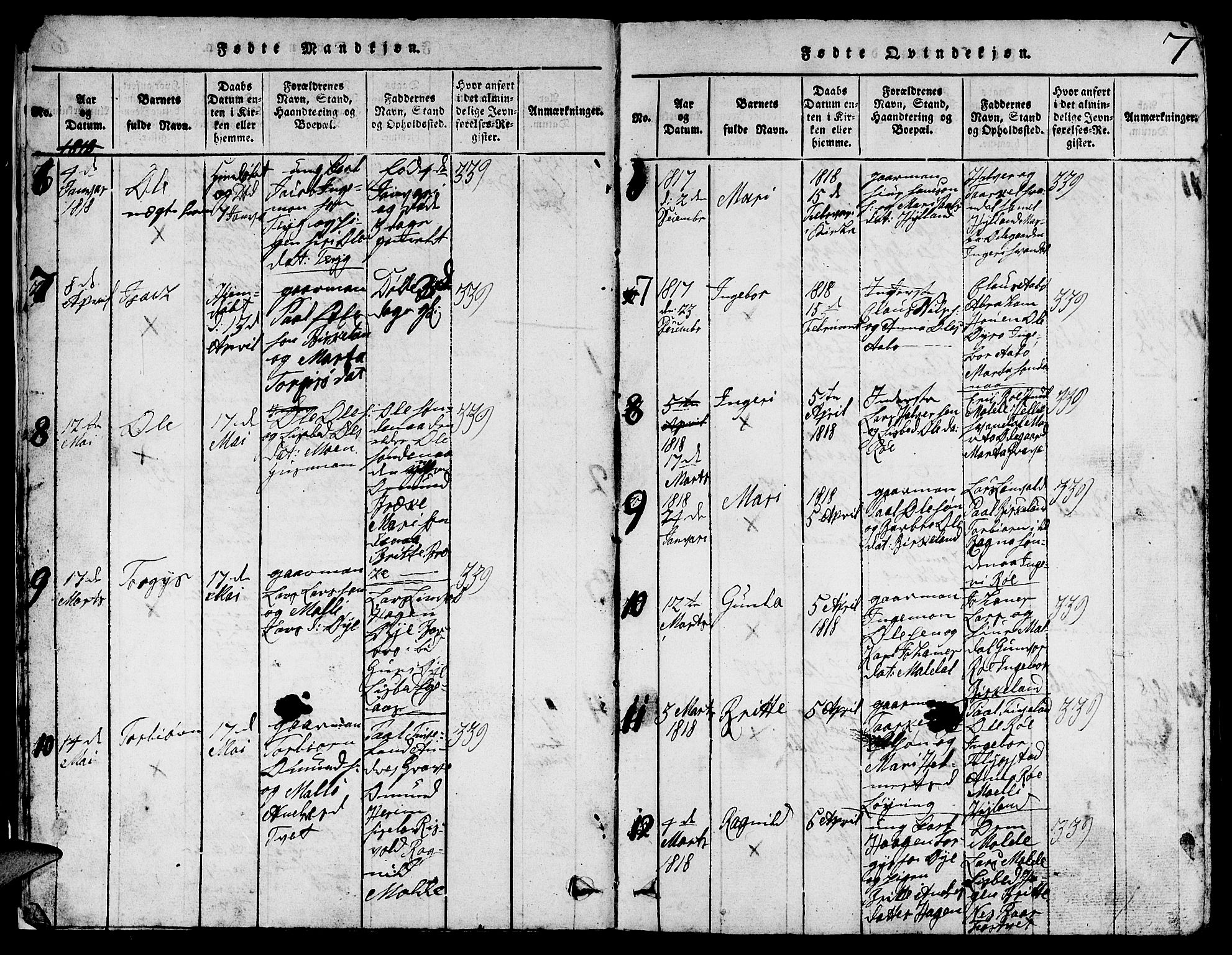 Suldal sokneprestkontor, SAST/A-101845/01/V/L0002: Parish register (copy) no. B 2, 1816-1845, p. 7