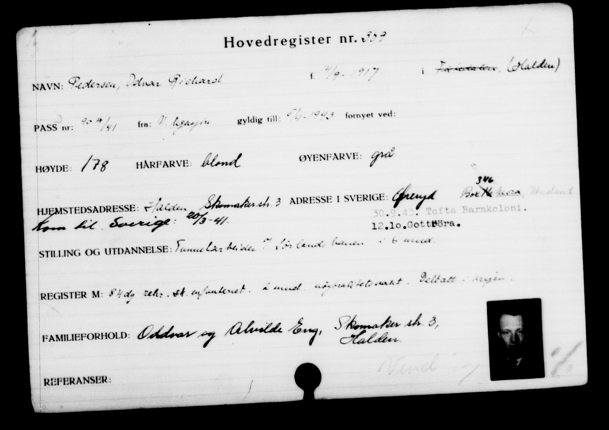Utenriksstasjonene, Legasjonen i Stockholm, Flyktningkontoret, AV/RA-S-6753/V/Va/L0001: Kjesäterkartoteket, flyktninger med registreringsnr. 1-1000, 1940-1945, p. 494