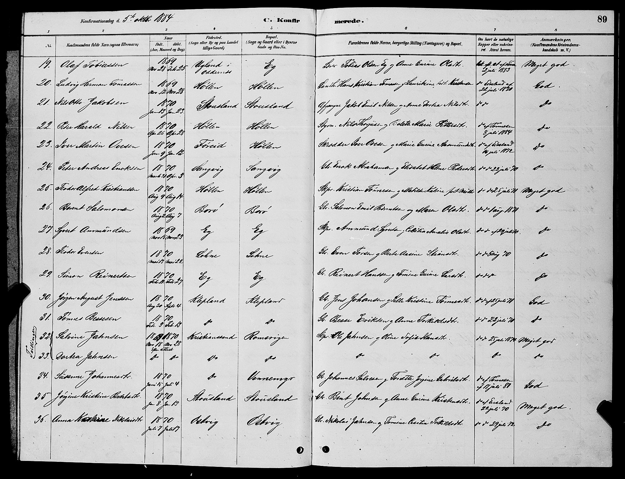 Søgne sokneprestkontor, SAK/1111-0037/F/Fb/Fbb/L0005: Parish register (copy) no. B 5, 1884-1891, p. 89