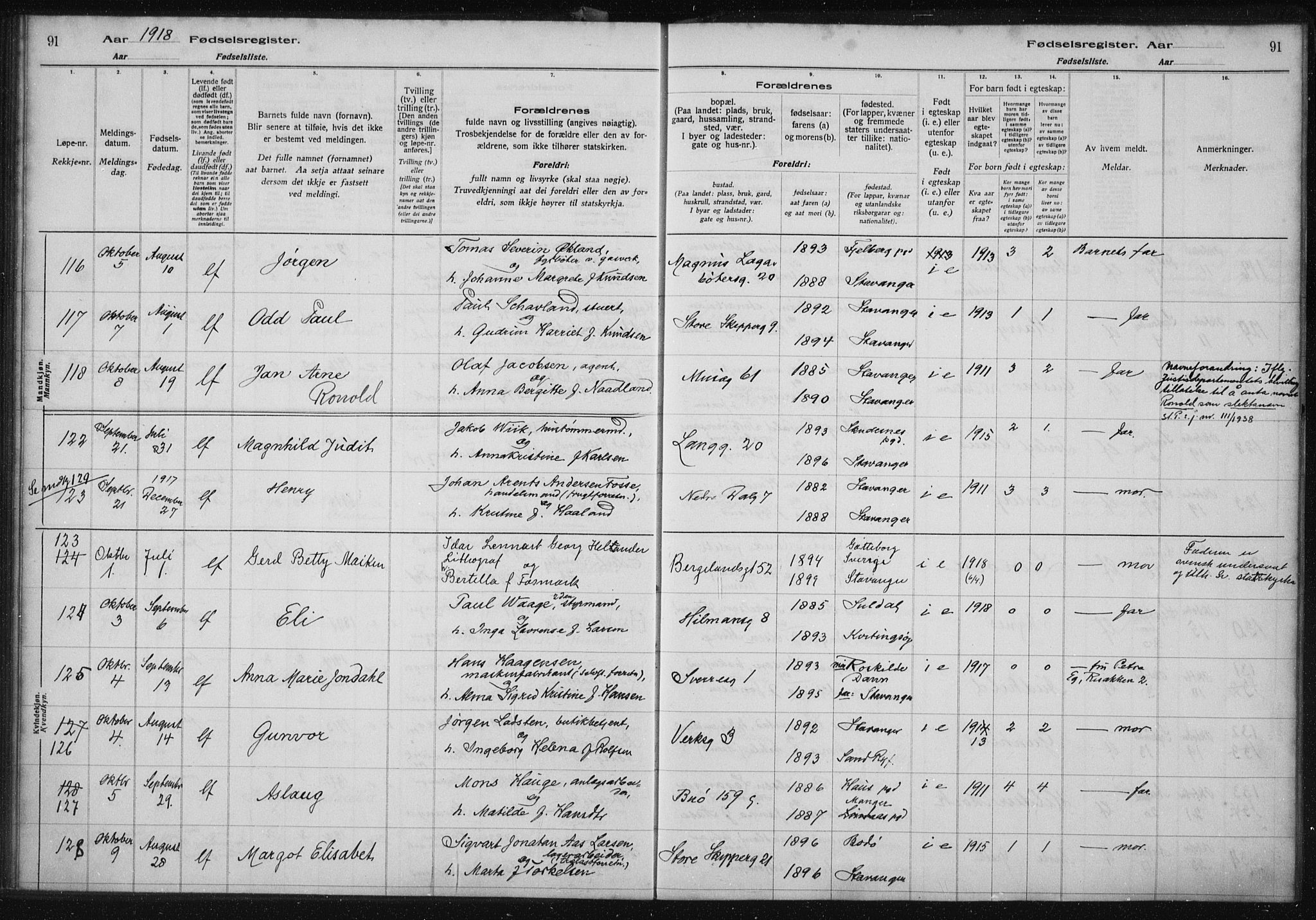 St. Petri sokneprestkontor, SAST/A-101813/002/A/L0001: Birth register no. 1, 1916-1922, p. 91