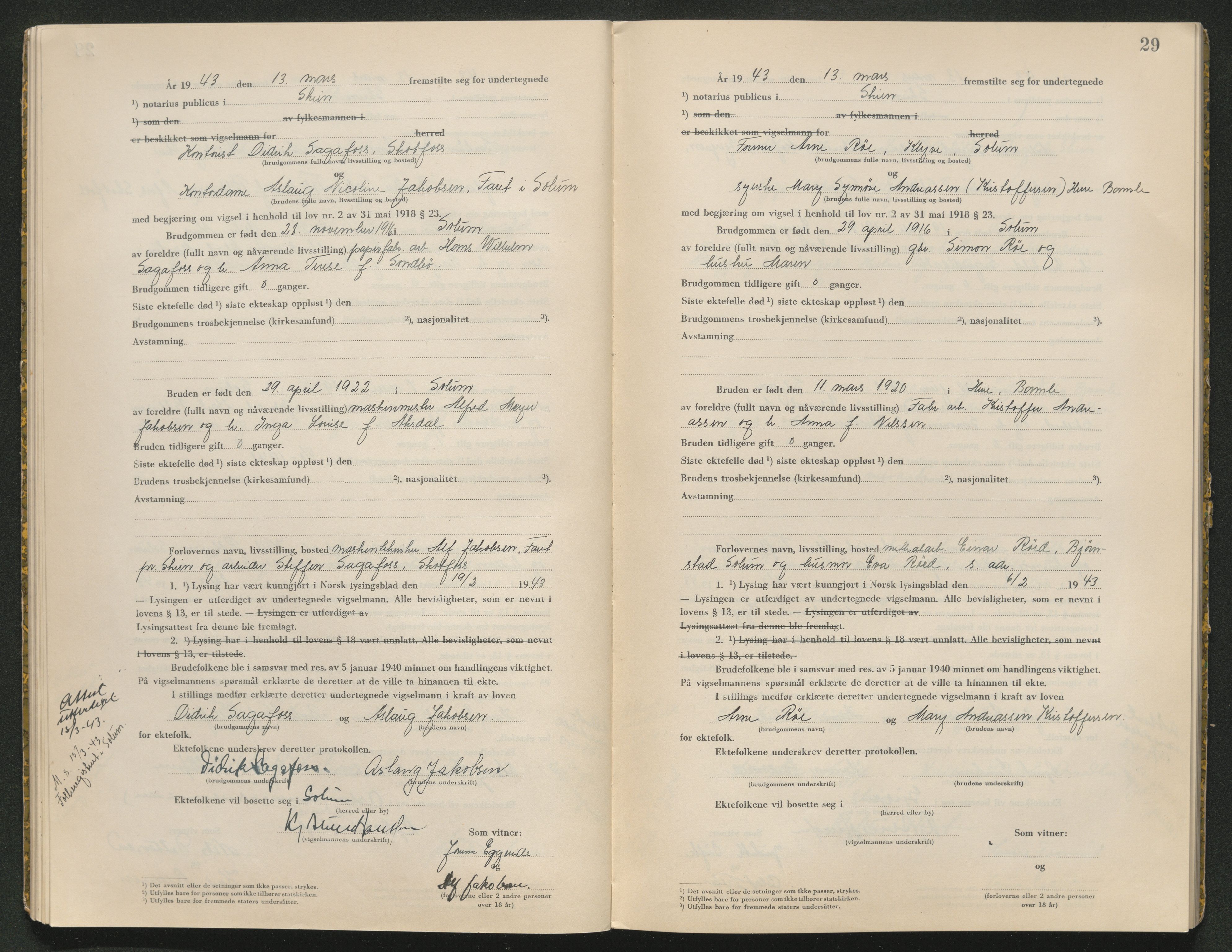Skien sorenskriveri, AV/SAKO-A-225/L/La/L0001: Vigselsprotokoll, 1920-1947, p. 29