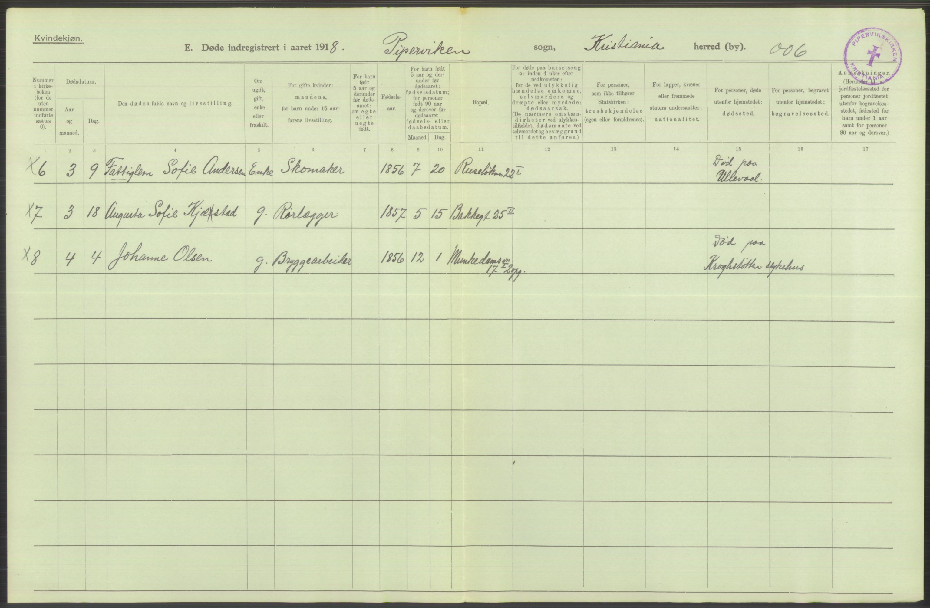 Statistisk sentralbyrå, Sosiodemografiske emner, Befolkning, RA/S-2228/D/Df/Dfb/Dfbh/L0011: Kristiania: Døde, dødfødte, 1918, p. 54