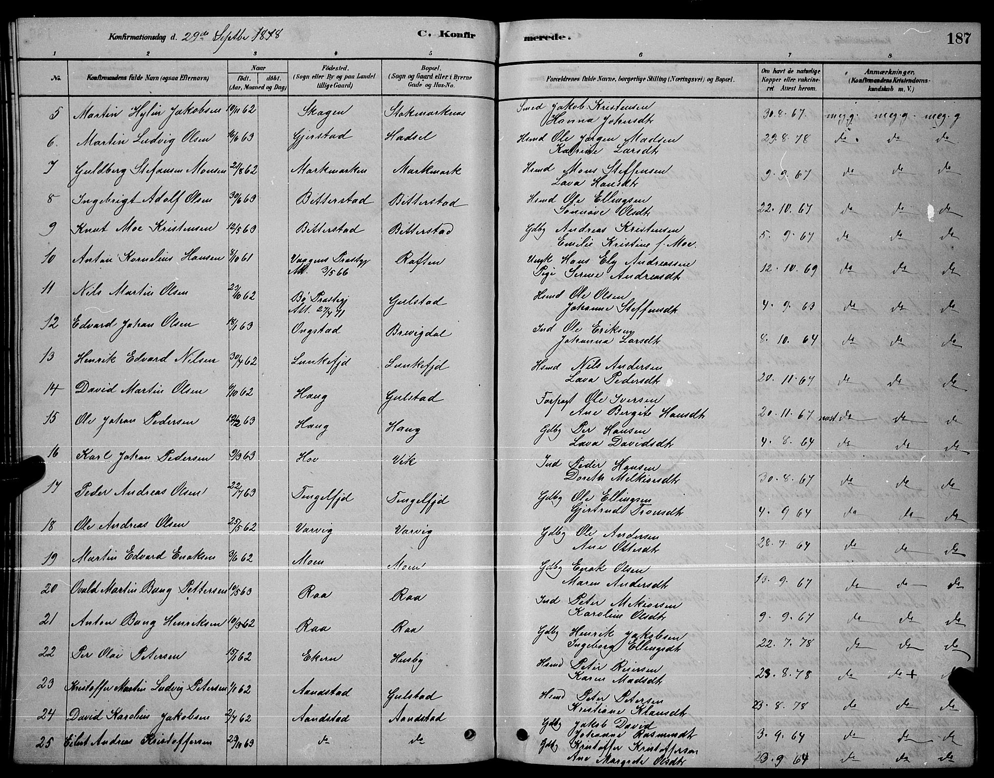 Ministerialprotokoller, klokkerbøker og fødselsregistre - Nordland, AV/SAT-A-1459/888/L1267: Parish register (copy) no. 888C05, 1878-1890, p. 187