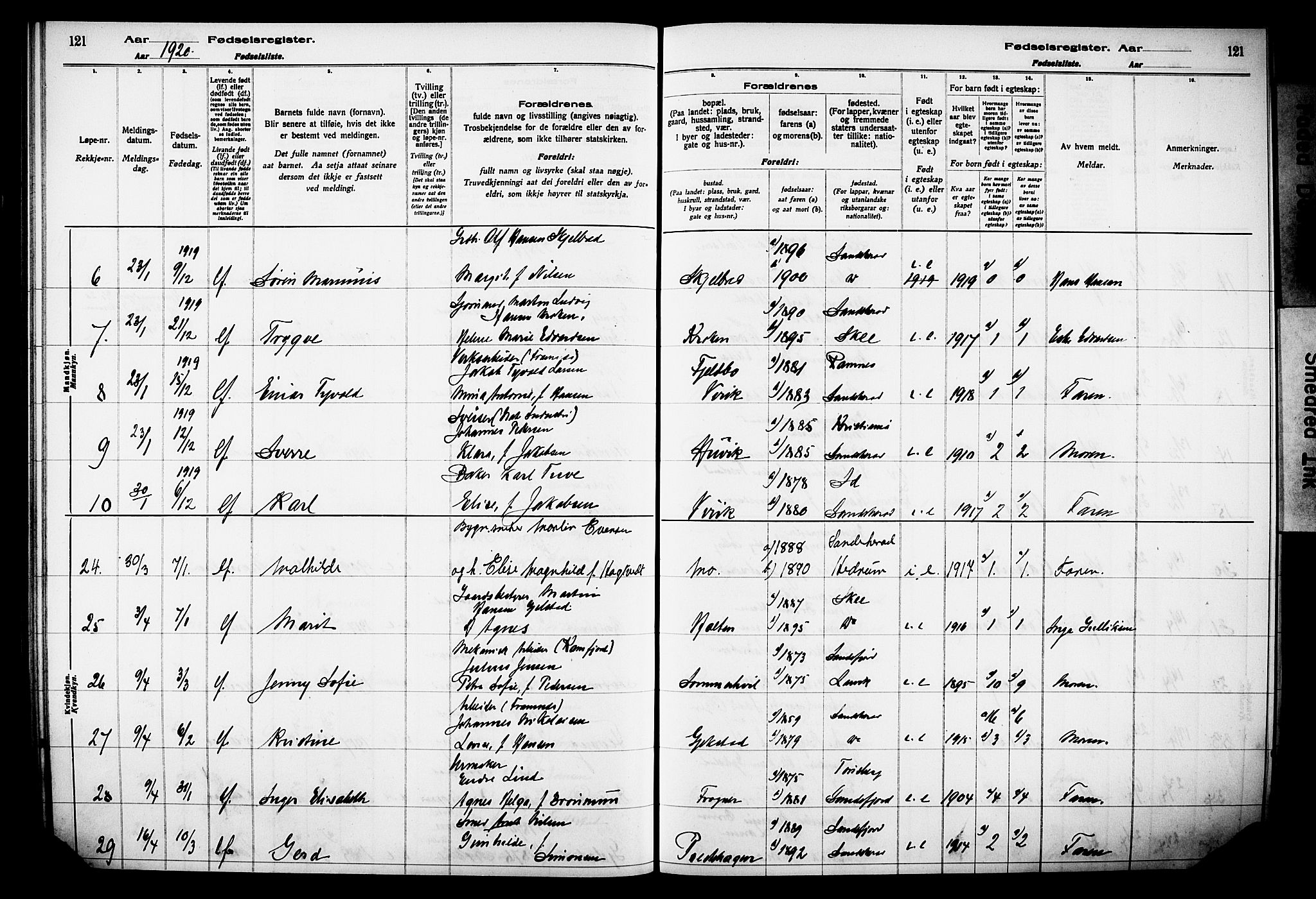 Sandar kirkebøker, AV/SAKO-A-243/J/Ja/L0001: Birth register no. 1, 1916-1922, p. 121