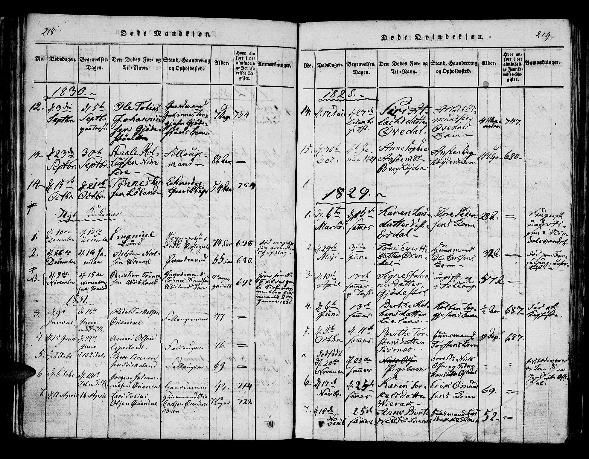 Bakke sokneprestkontor, SAK/1111-0002/F/Fa/Faa/L0003: Parish register (official) no. A 3, 1815-1835, p. 218-219