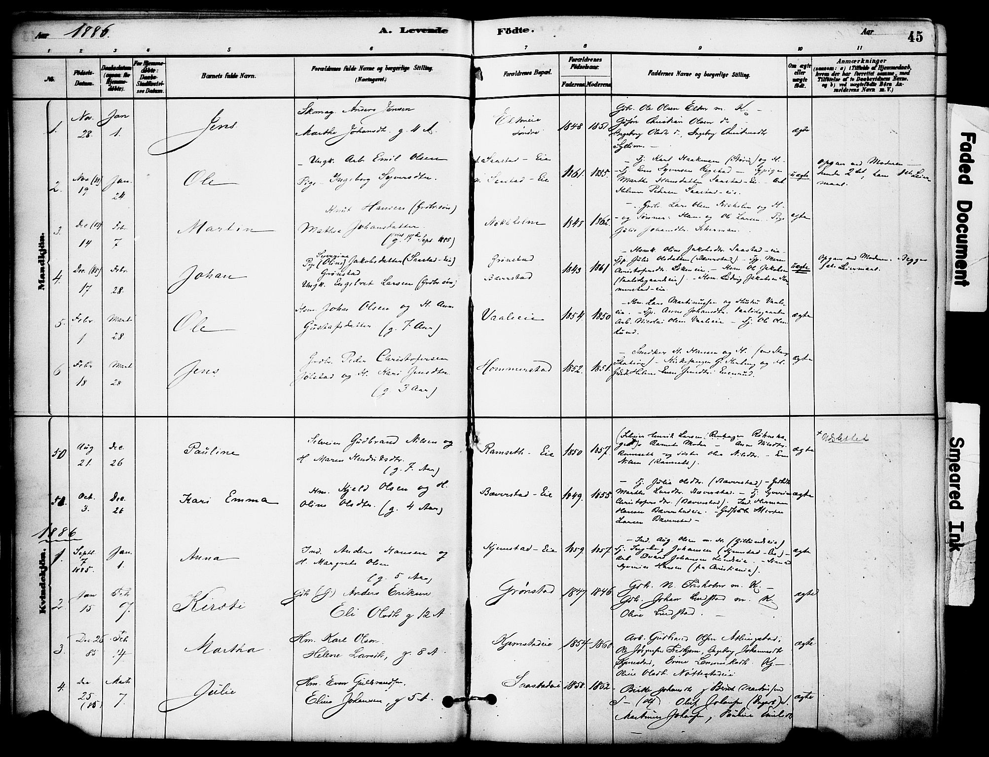 Stange prestekontor, AV/SAH-PREST-002/K/L0017: Parish register (official) no. 17, 1880-1893, p. 45