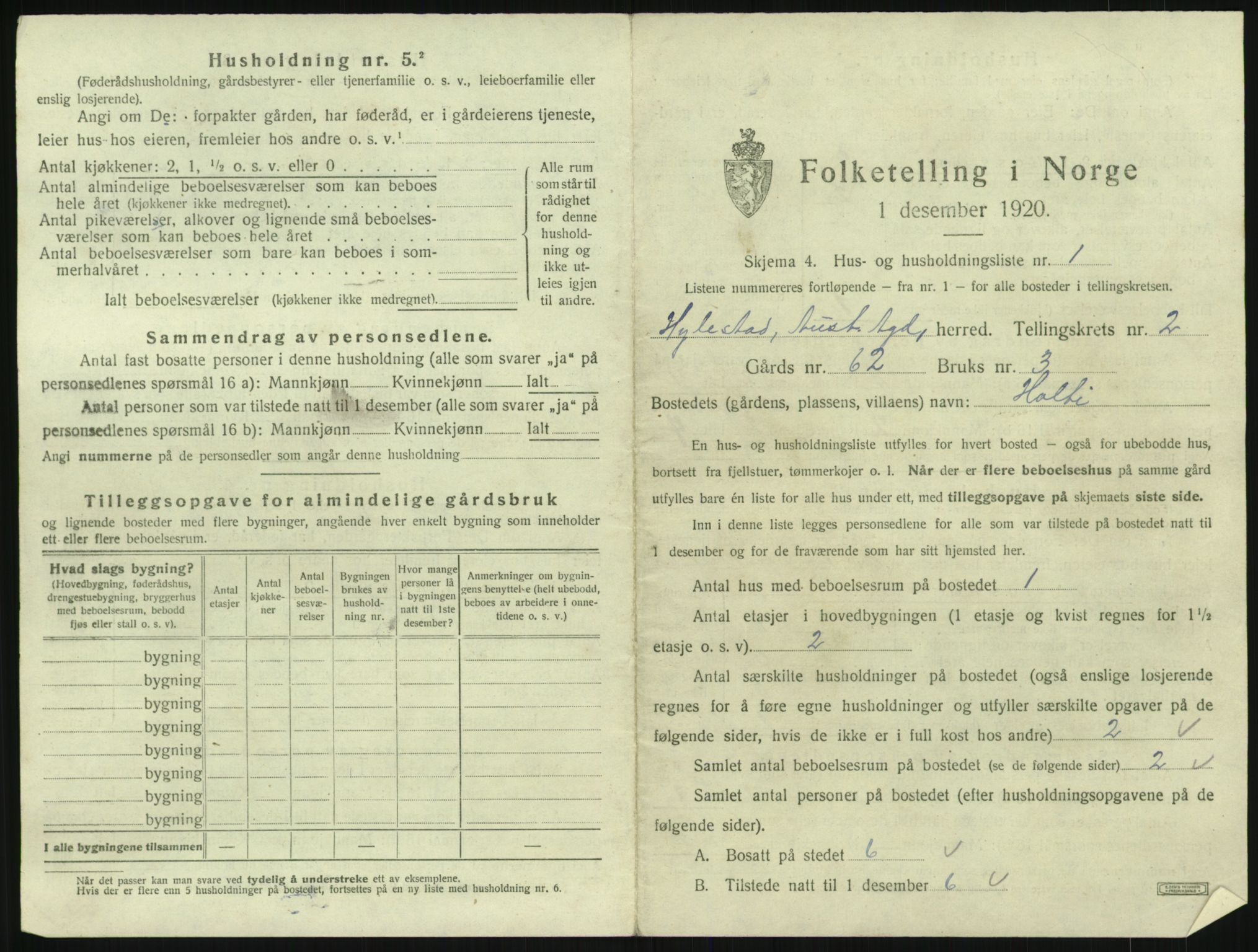 SAK, 1920 census for Hylestad, 1920, p. 68