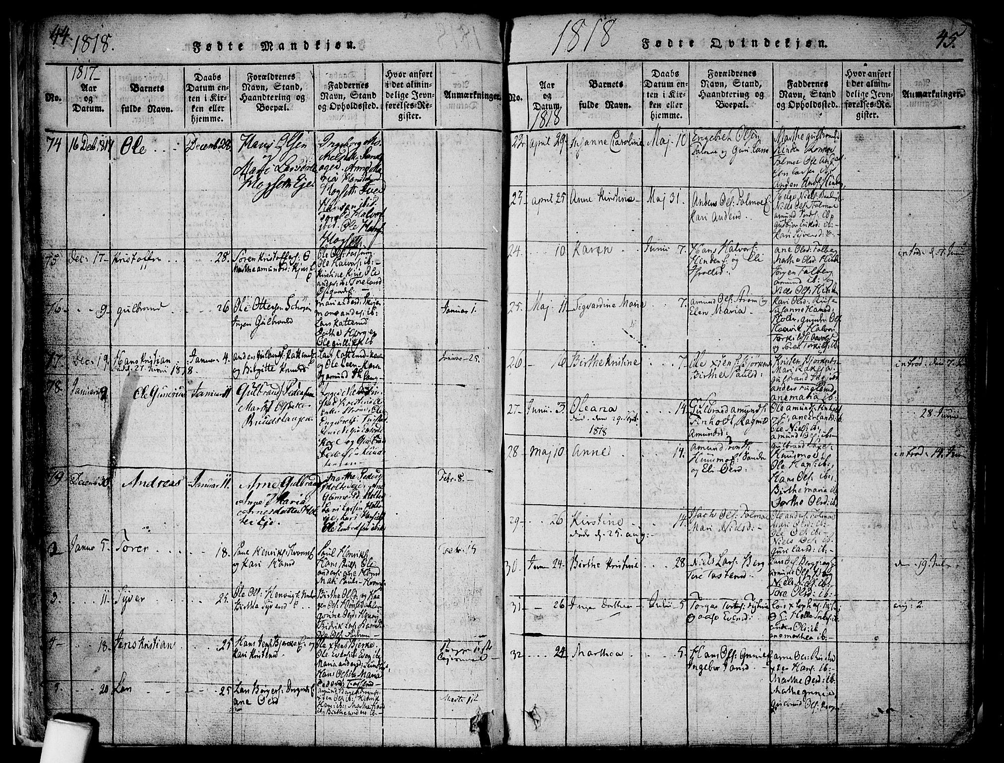 Nes prestekontor Kirkebøker, AV/SAO-A-10410/F/Fa/L0005: Parish register (official) no. I 5, 1815-1835, p. 44-45