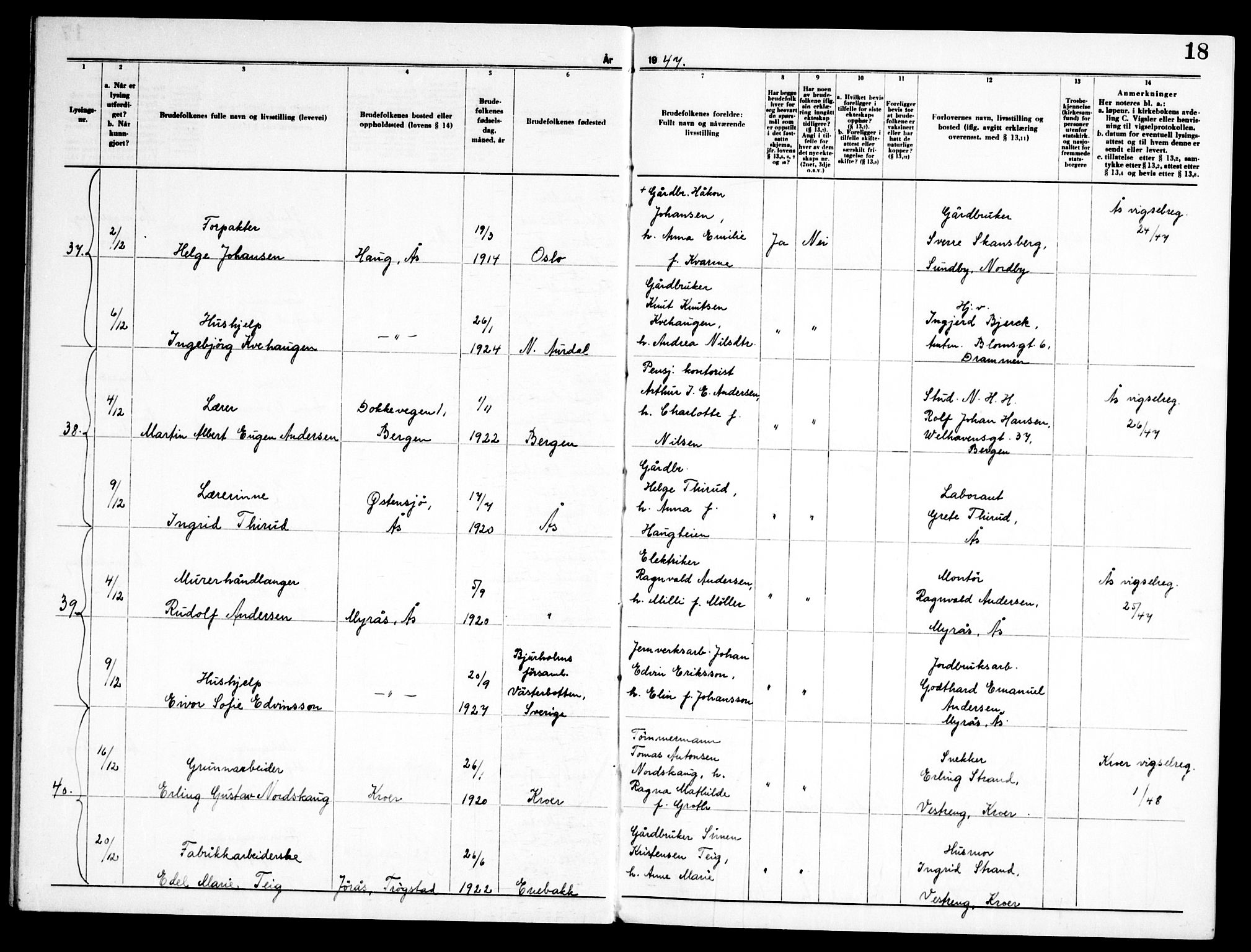 Ås prestekontor Kirkebøker, AV/SAO-A-10894/H/Ha/L0002: Banns register no. 2, 1946-1955, p. 18