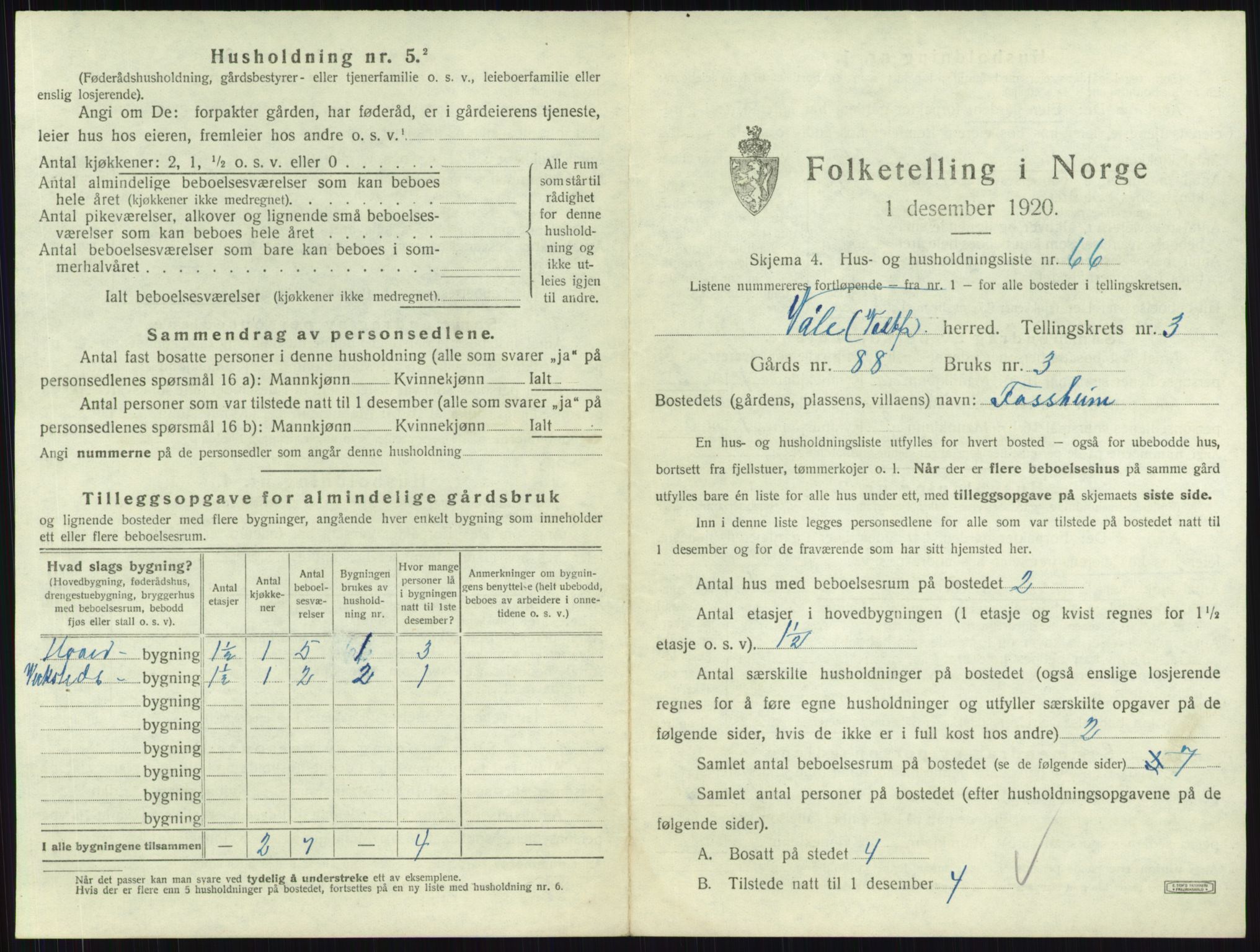 SAKO, 1920 census for Våle, 1920, p. 395