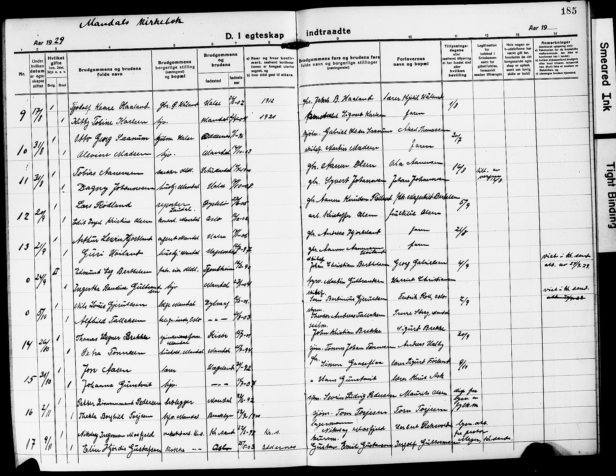 Mandal sokneprestkontor, AV/SAK-1111-0030/F/Fb/Fba/L0013: Parish register (copy) no. B 7, 1918-1931, p. 185