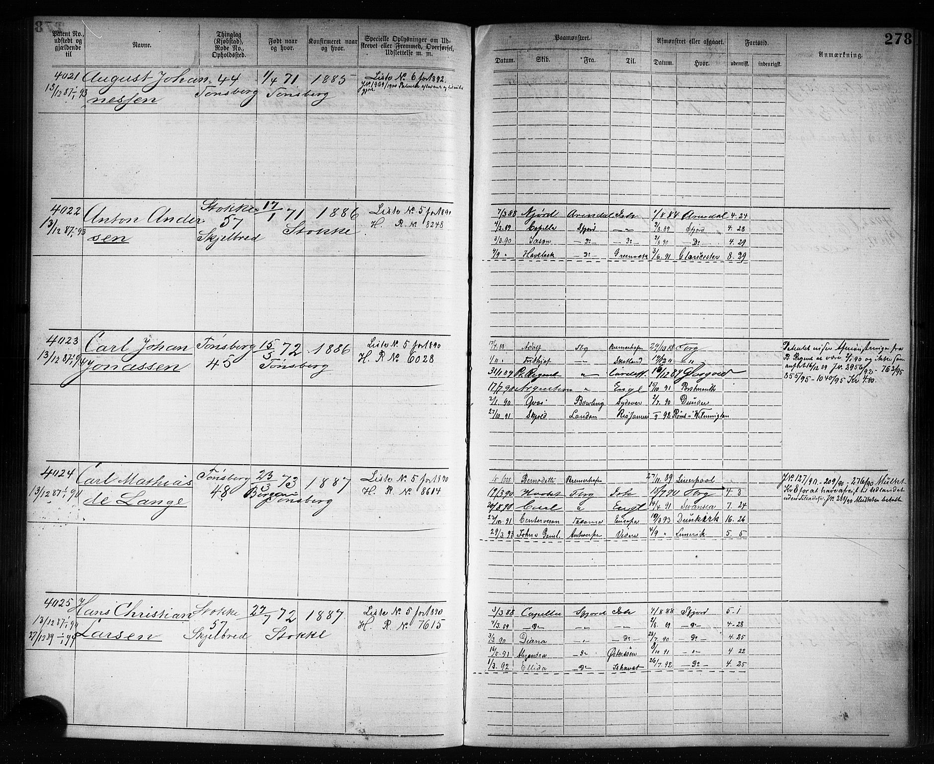 Tønsberg innrulleringskontor, AV/SAKO-A-786/F/Fb/L0007: Annotasjonsrulle Patent nr. 2636-5150, 1881-1892, p. 279