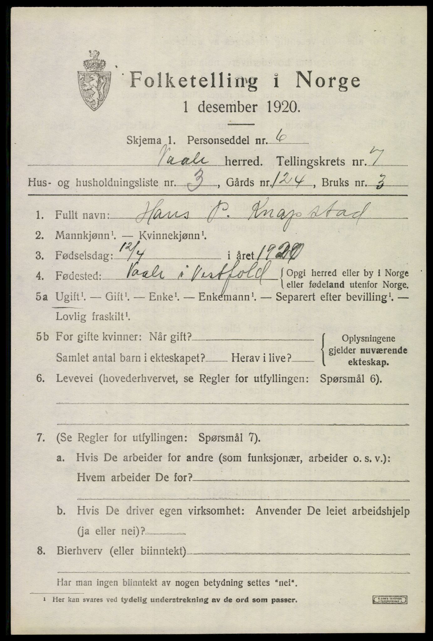 SAKO, 1920 census for Våle, 1920, p. 5530