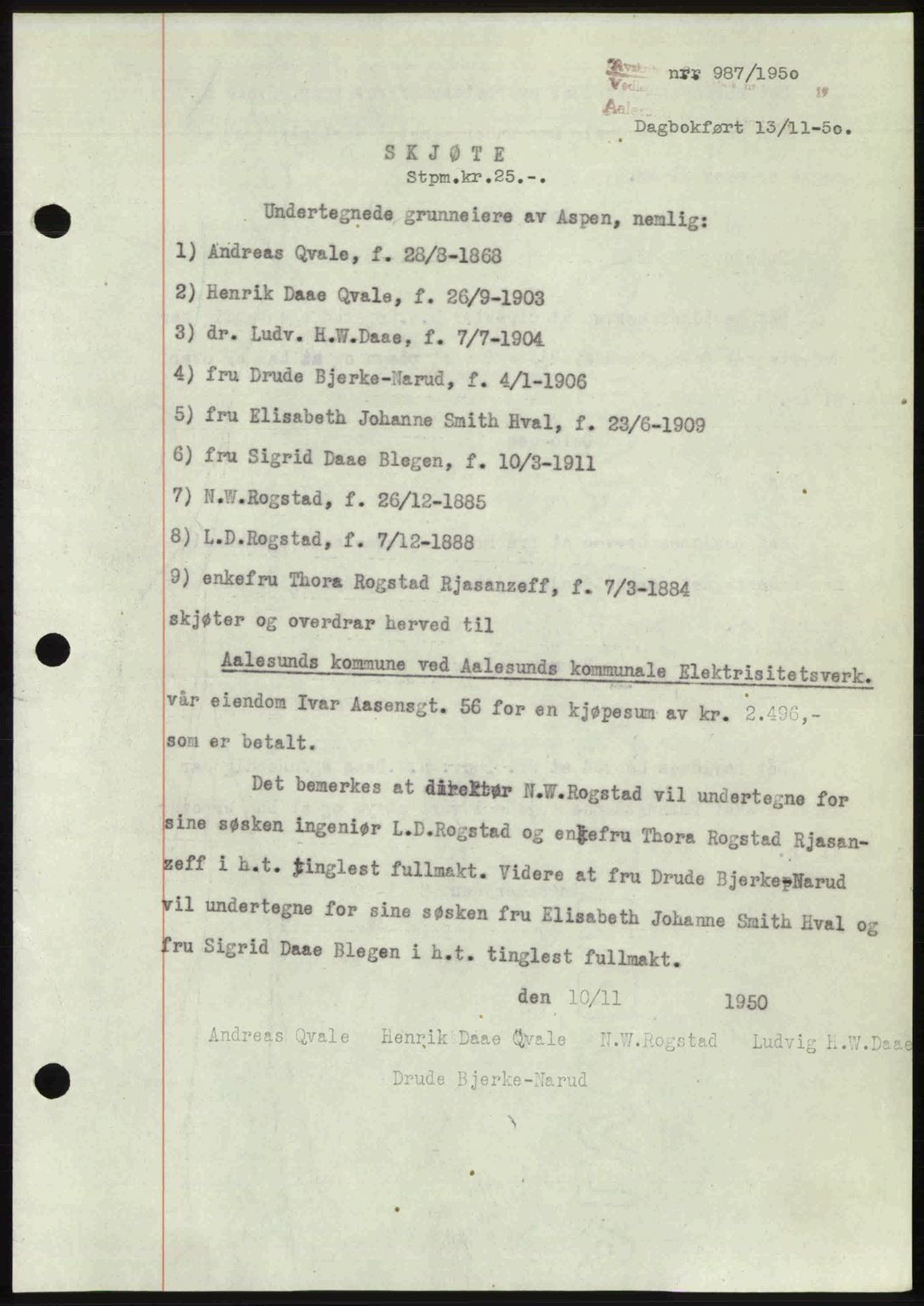 Ålesund byfogd, AV/SAT-A-4384: Mortgage book no. 37A (2), 1949-1950, Diary no: : 987/1950