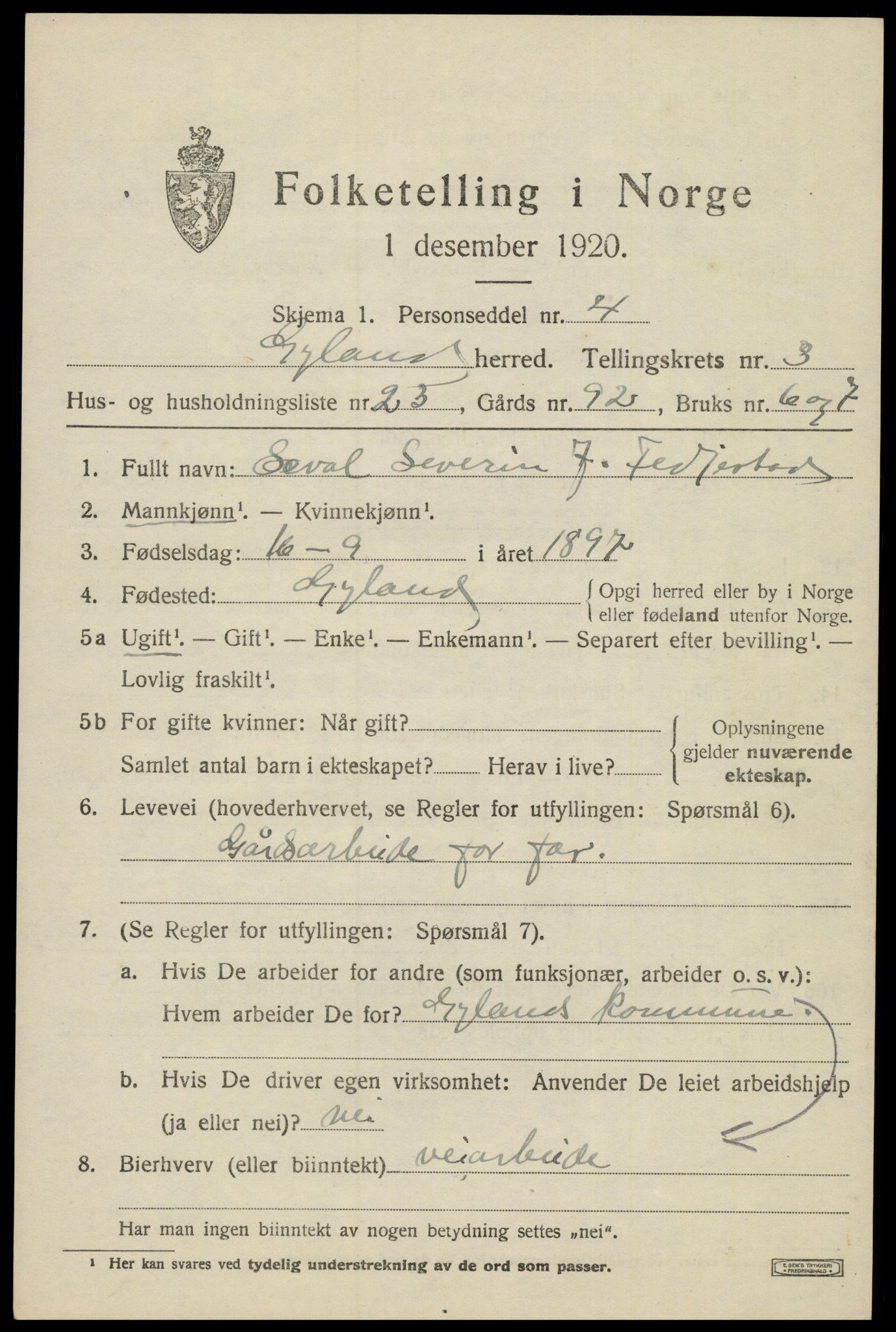 SAK, 1920 census for Gyland, 1920, p. 1032