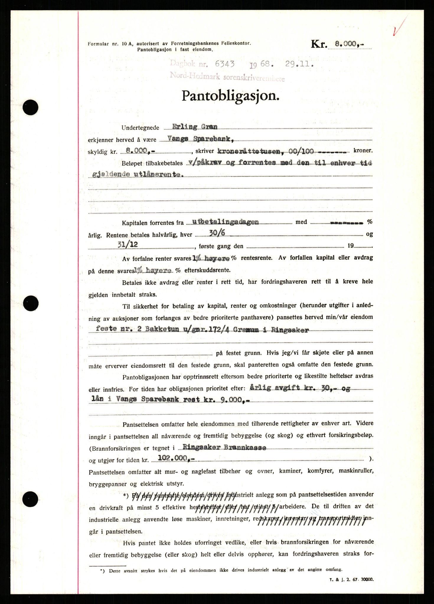 Nord-Hedmark sorenskriveri, SAH/TING-012/H/Hb/Hbf/L0077: Mortgage book no. B77, 1968-1969, Diary no: : 6343/1968